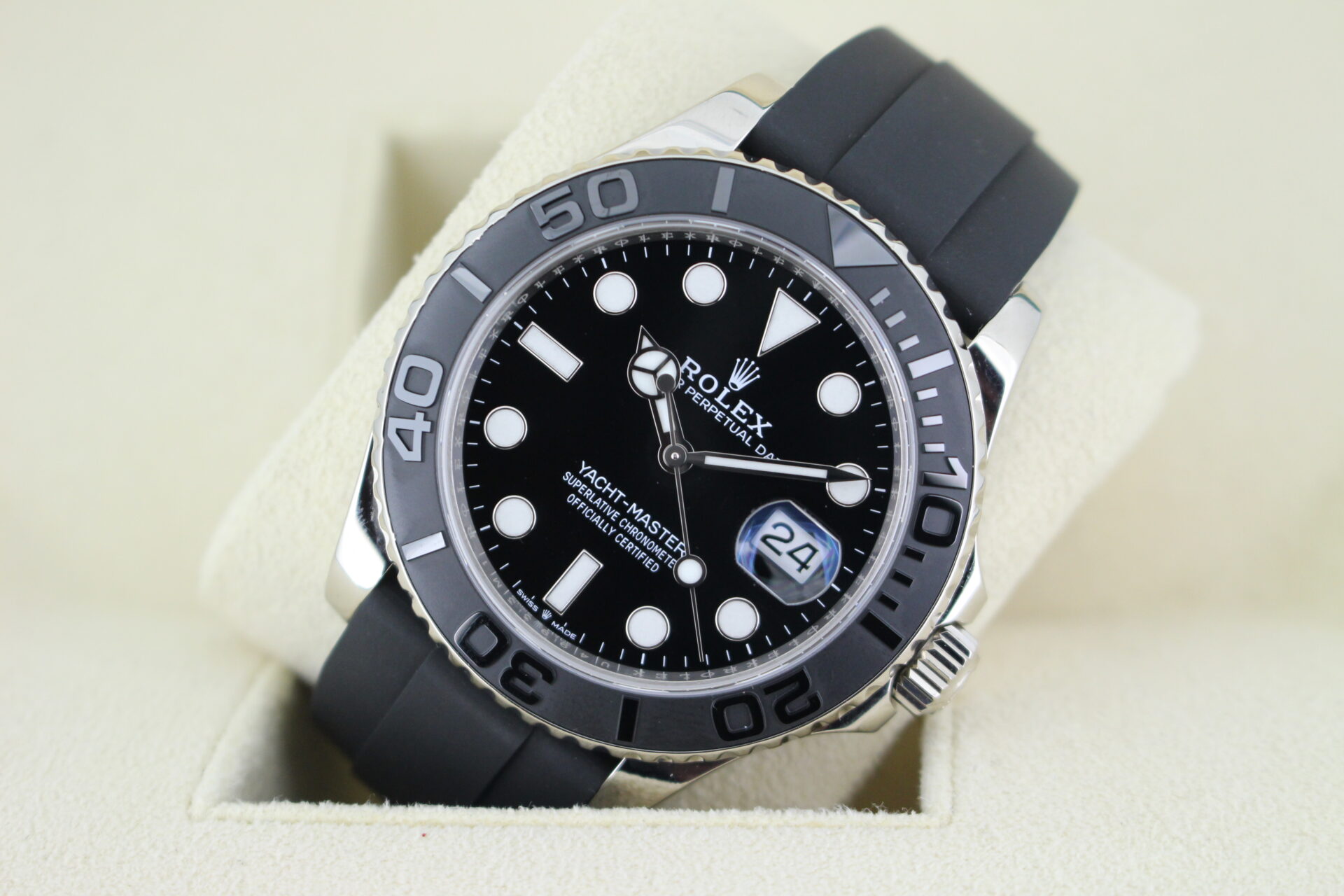 Rolex Yacht-Master displayed at an angle with a black dial