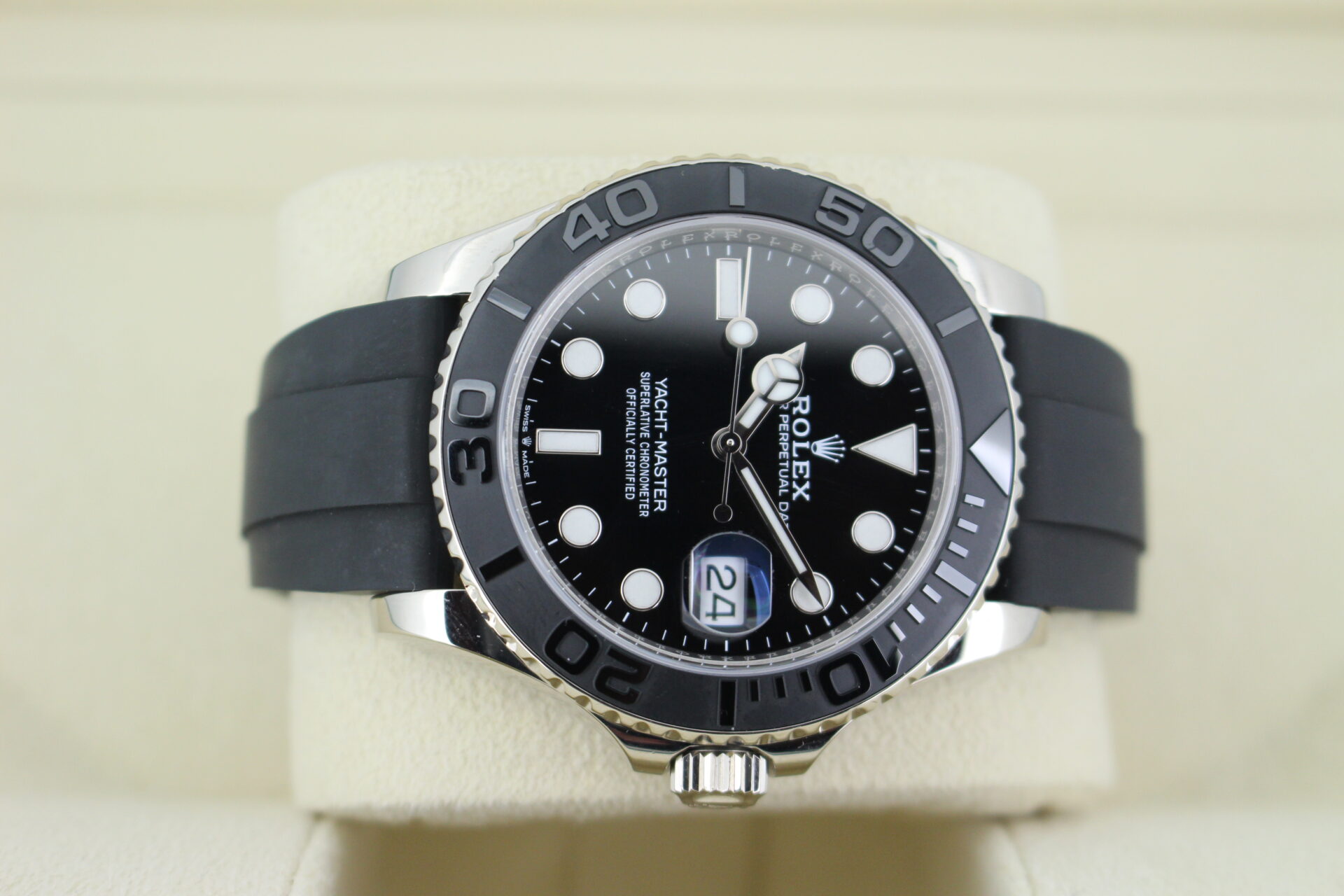 Rolex YM laid on its side with oysterflex strap