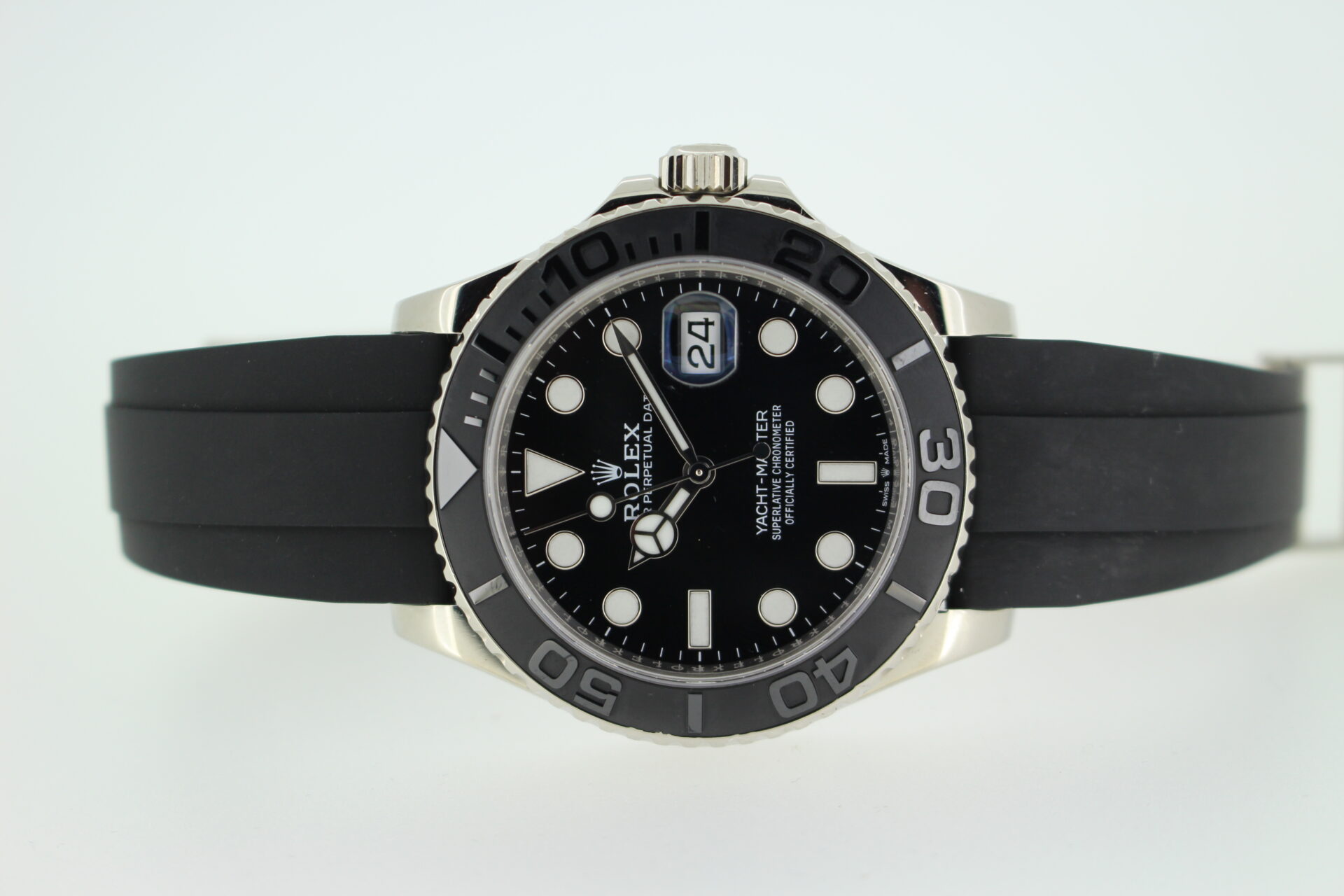 Rolex Yacht Master watch with a black dial and bezel on an oysterflex bracelet