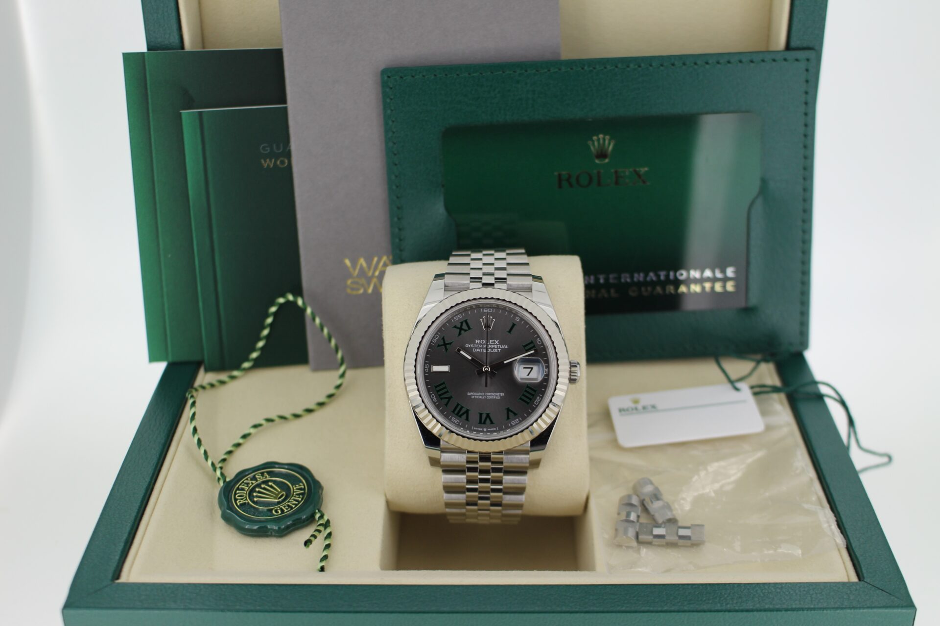 Rolex Datejust 41 Wimbledon 126334 inn it's box with swing tags, link, booklets, warranty card and original purchase receipt