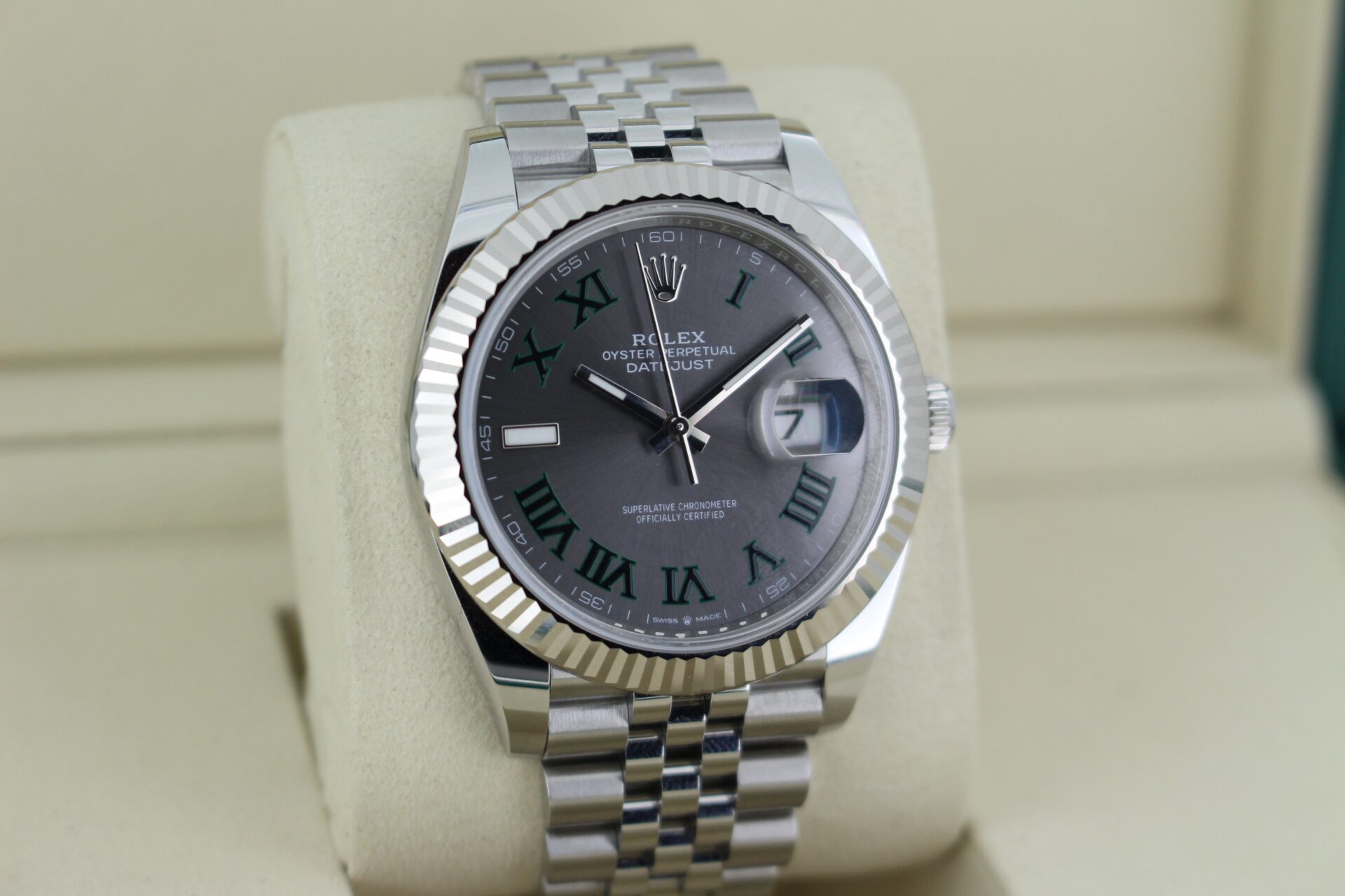 Rolex Datejust 41 Wimbledon 126334 facing towards the right to show the left angle