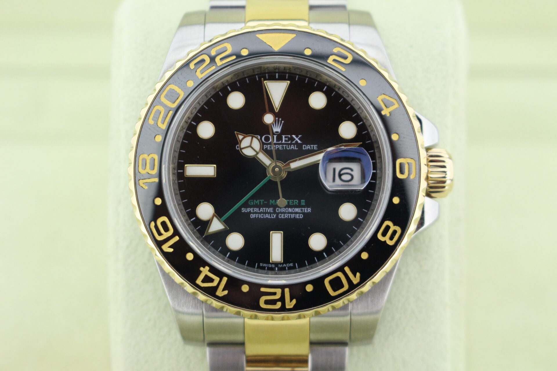 Close up of the Rolex GMT Master II with a green GMT hand