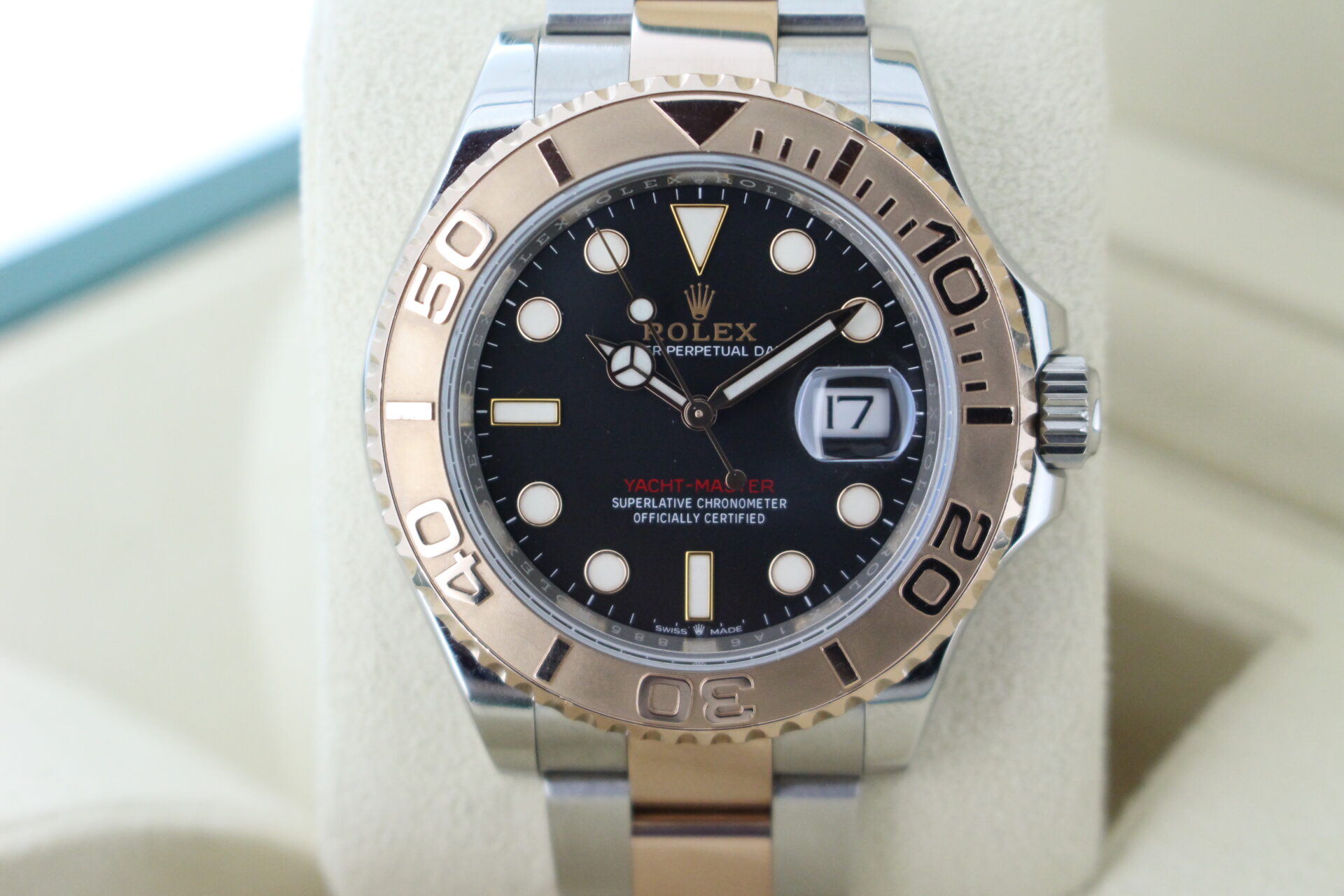 Close up of the yacht master black dial and bezel