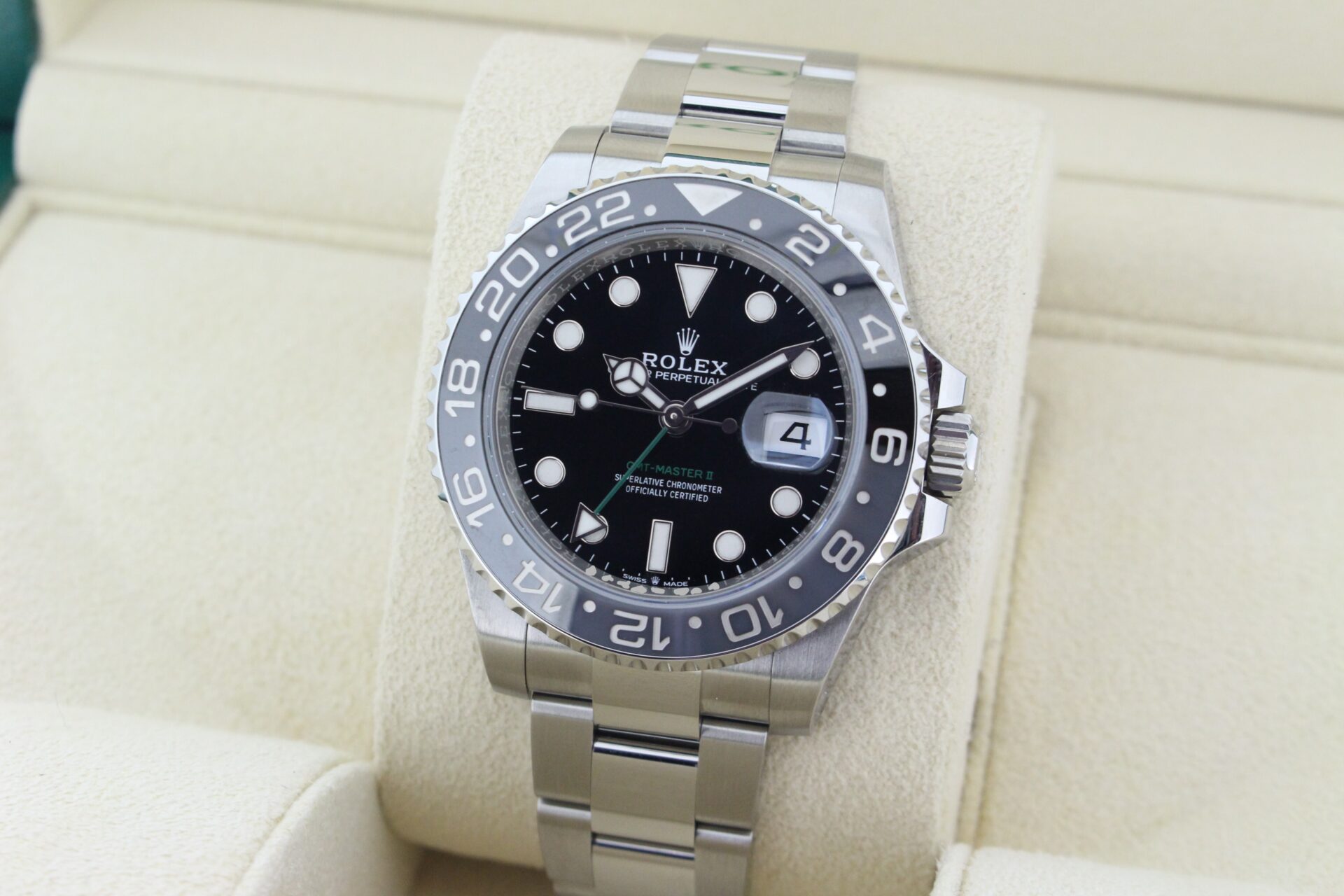Rolex GMT Master II Bruce Wayne 126710GRNR facing towards the left to show the right angle