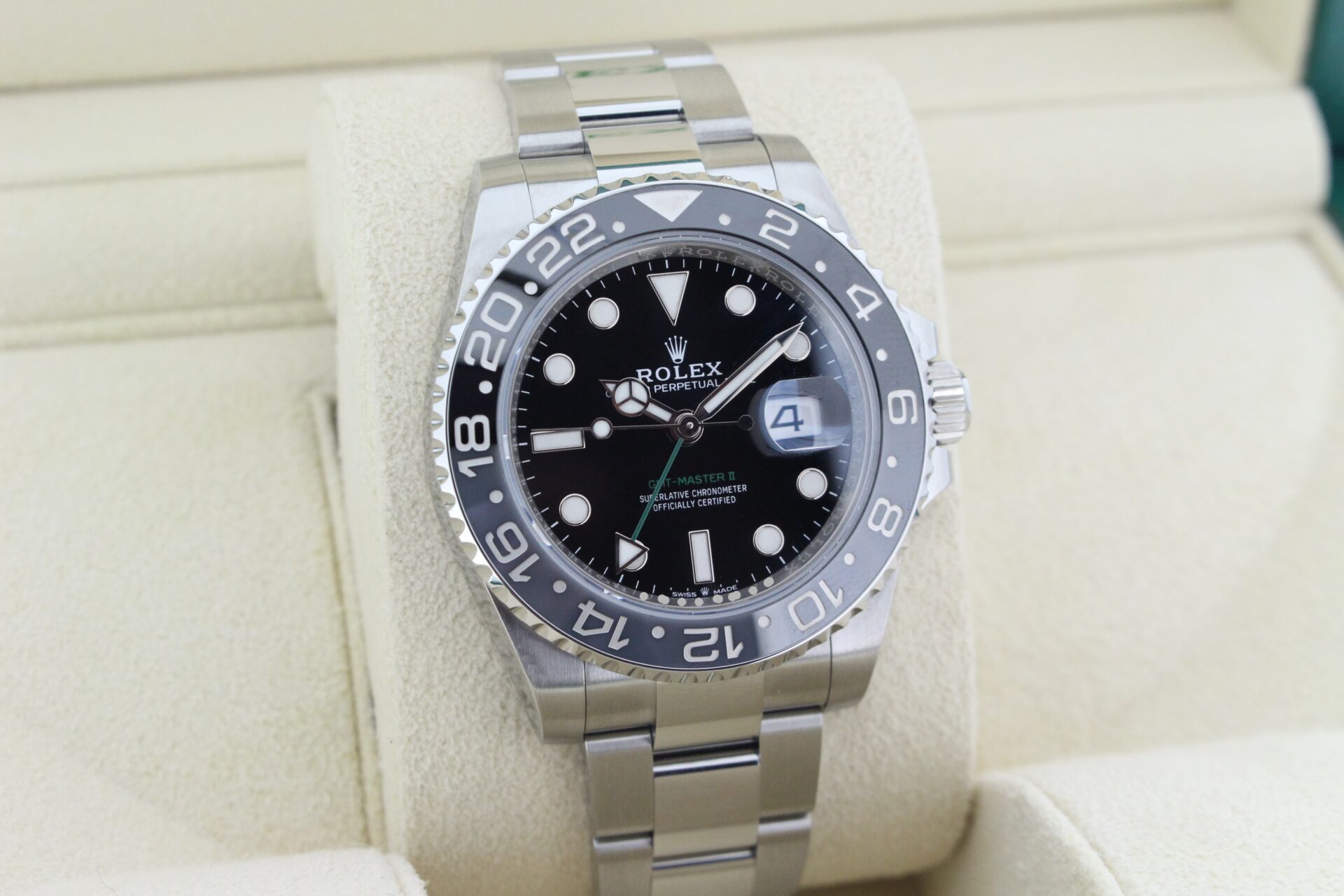 Rolex GMT Master II Bruce Wayne 126710GRNR facing towards the right to show the left angle