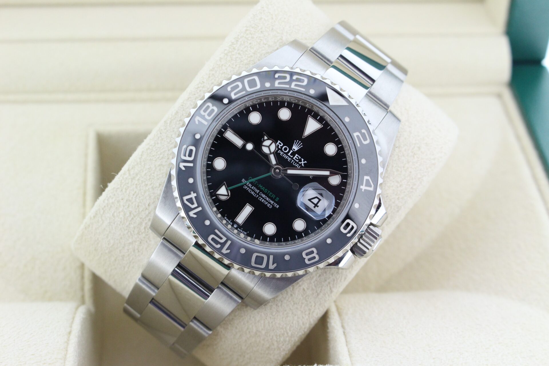 Rolex GMT Master II Bruce Wayne 126710GRNR tilted
