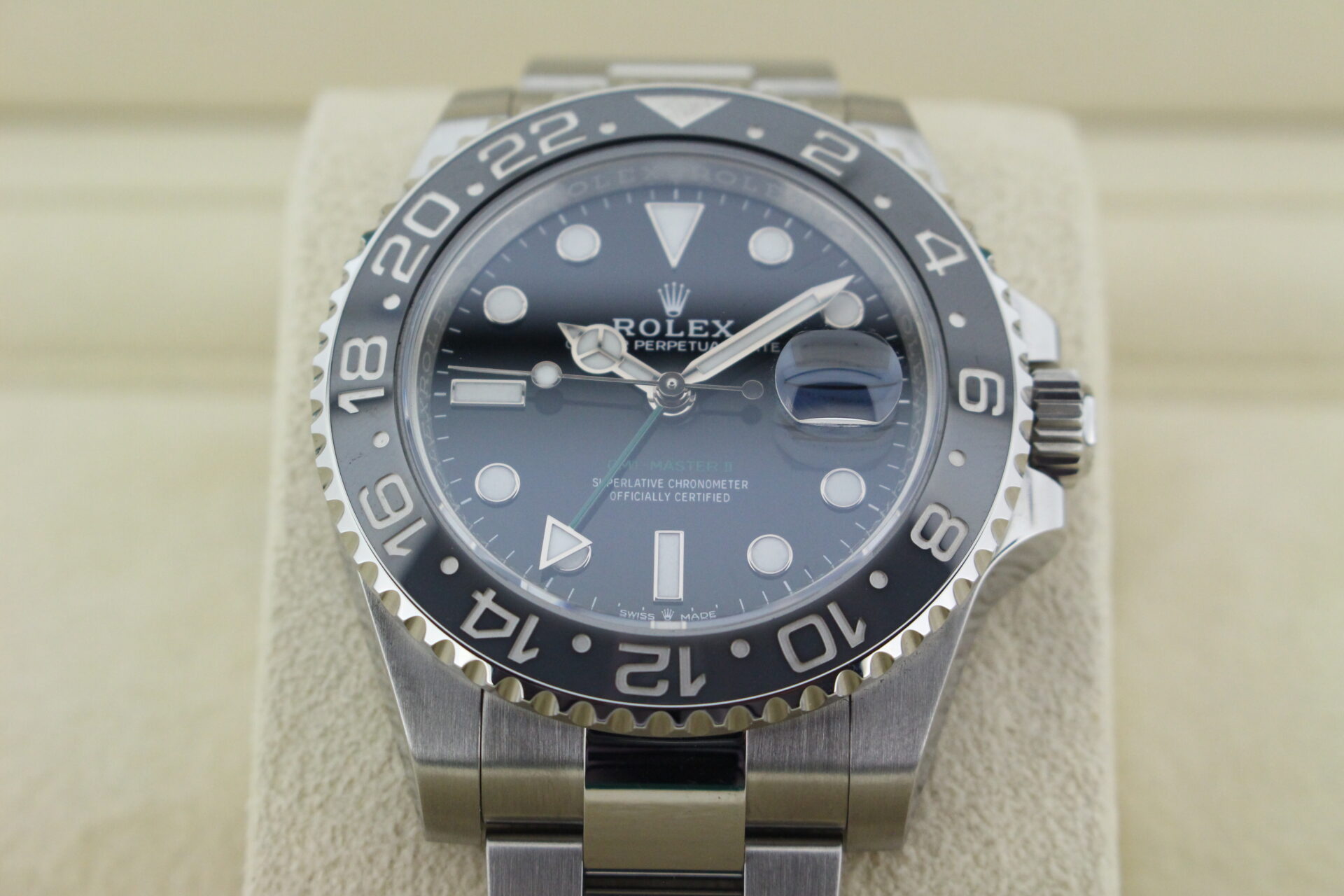 Rolex GMT Master II Bruce Wayne 126710GRNR tilted backwards