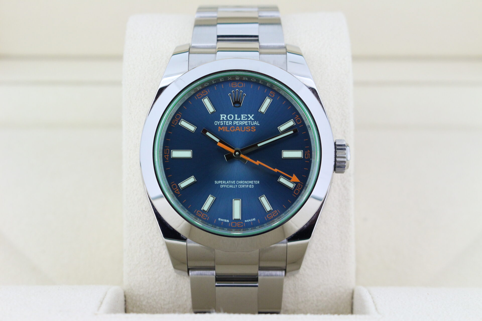 Rolex Milgauss mens watch with the green crystal and blue dial