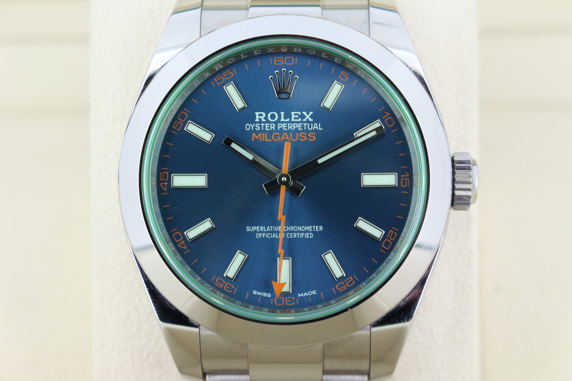 Close up shot of the rolex milgauss blue dial