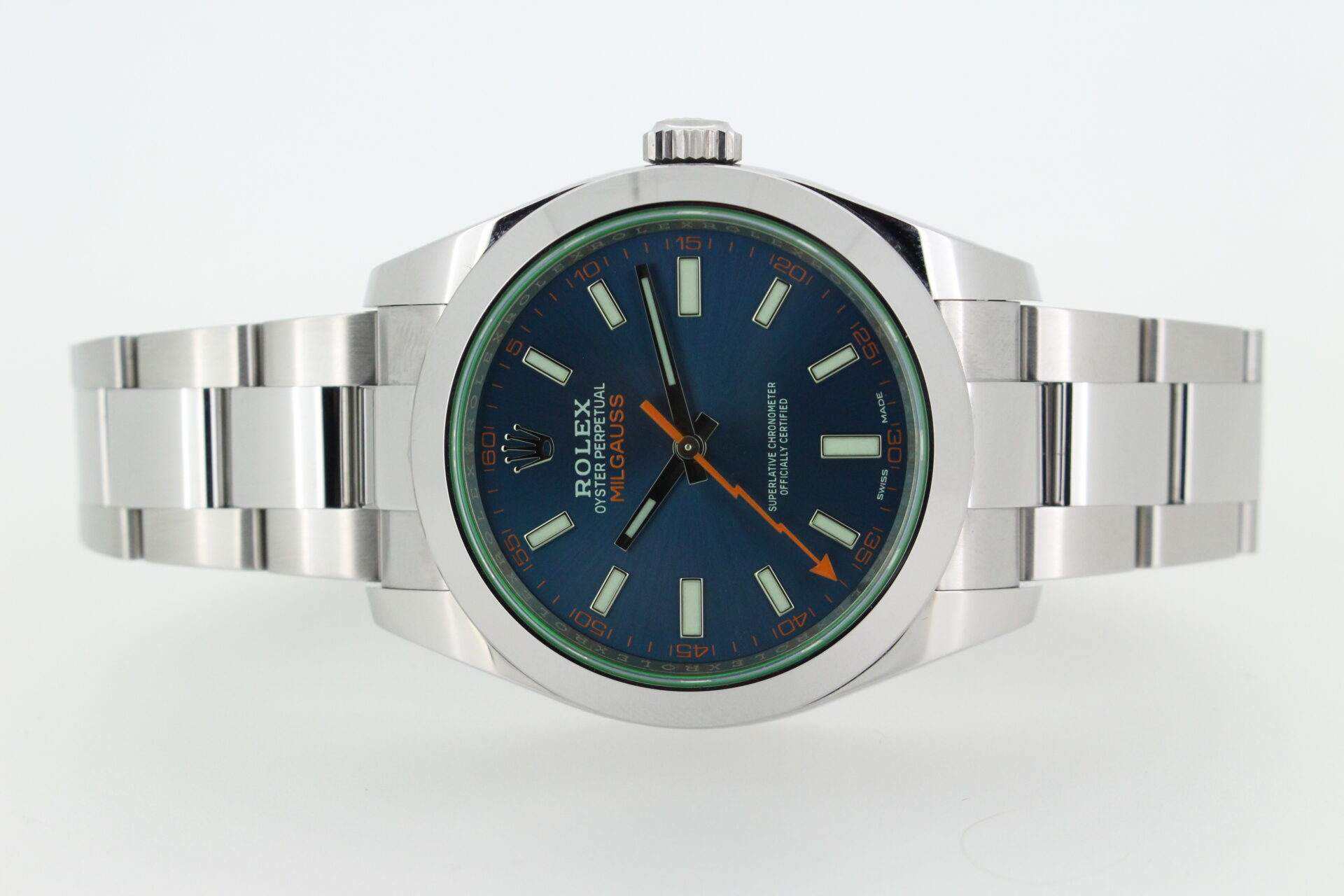 Rolex Milgauss Watch green glass blue dial orange seconds hand