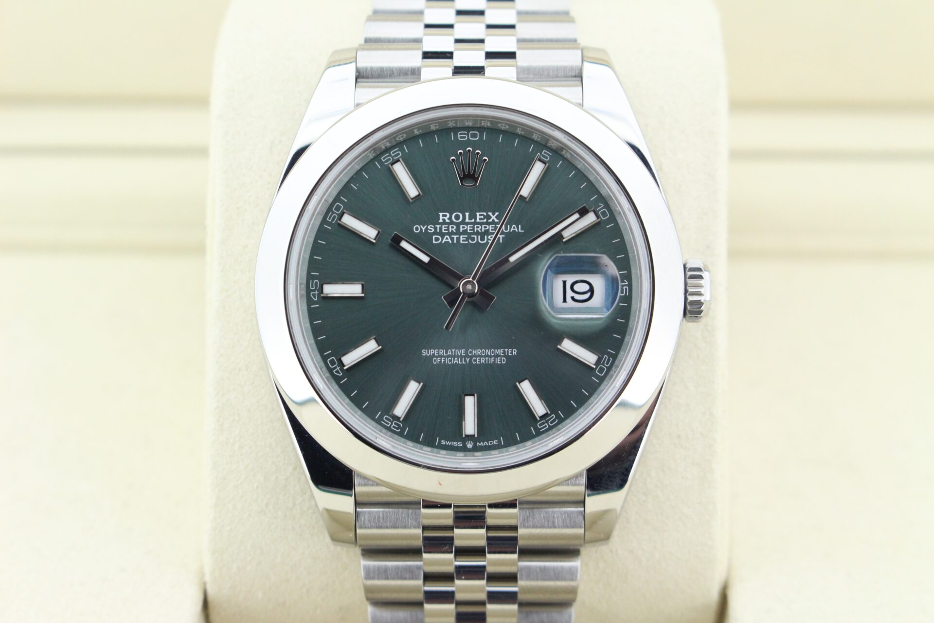 Close up shot of a Rolex DJ mint green dial 41mm watch