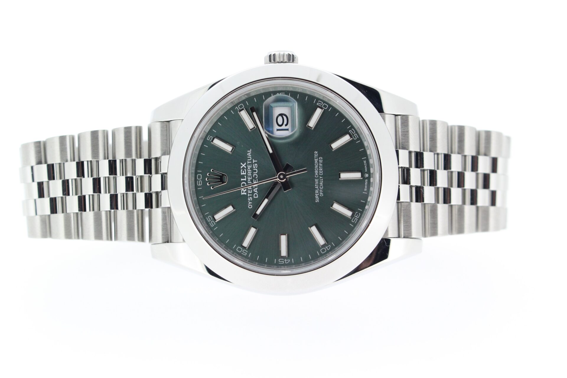 Rolex DJ 41 mint green on a jubilee bracelet on a white background