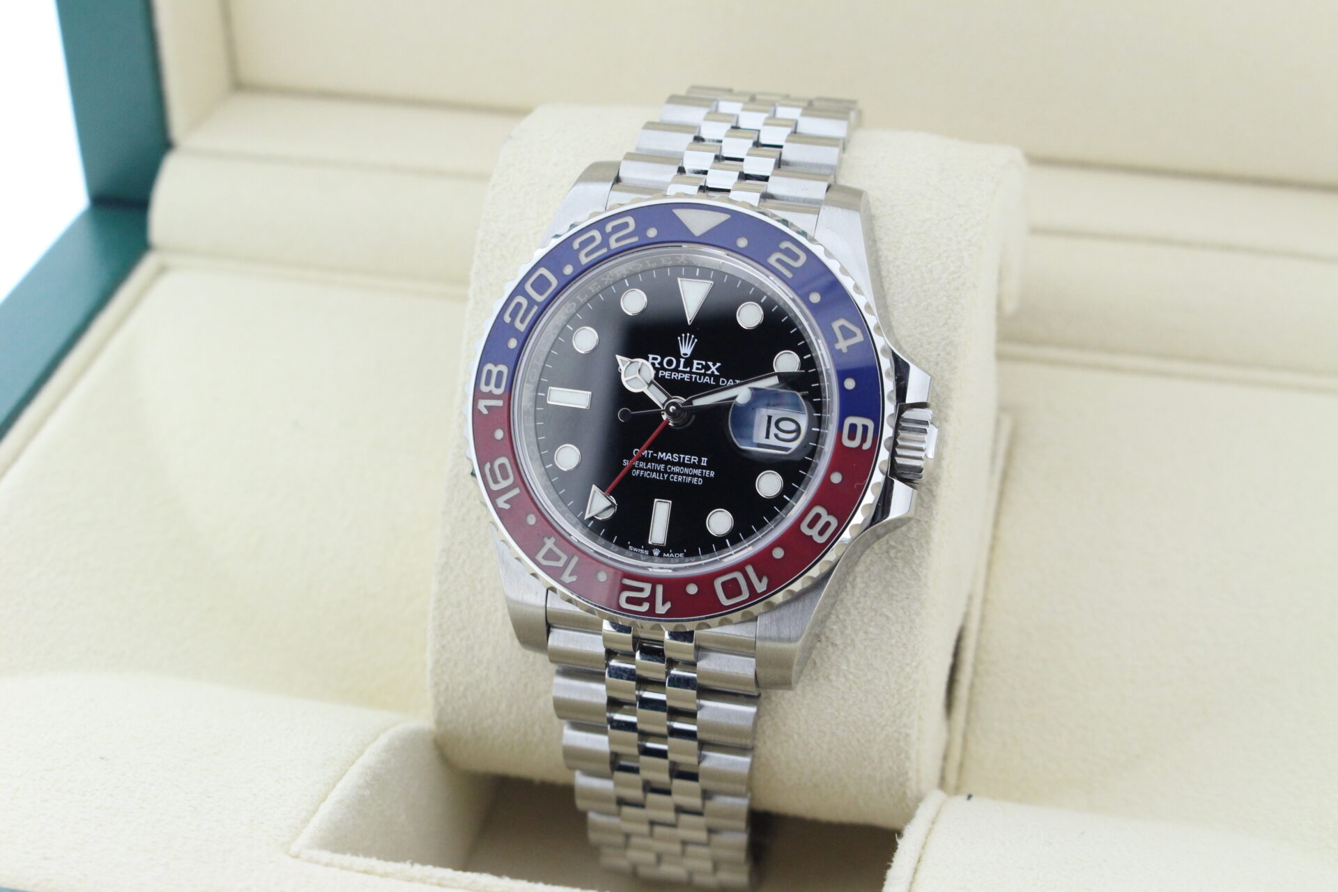 Rolex GMT Master II Pepsi 126710BLNR facing the left to show the right angle