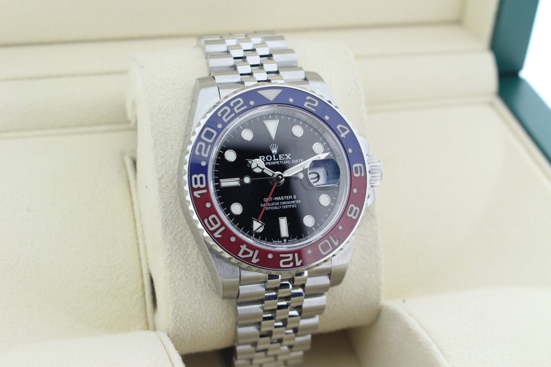 Rolex GMT Master II Pepsi 126710BLNR facing towards the right to show the left angle