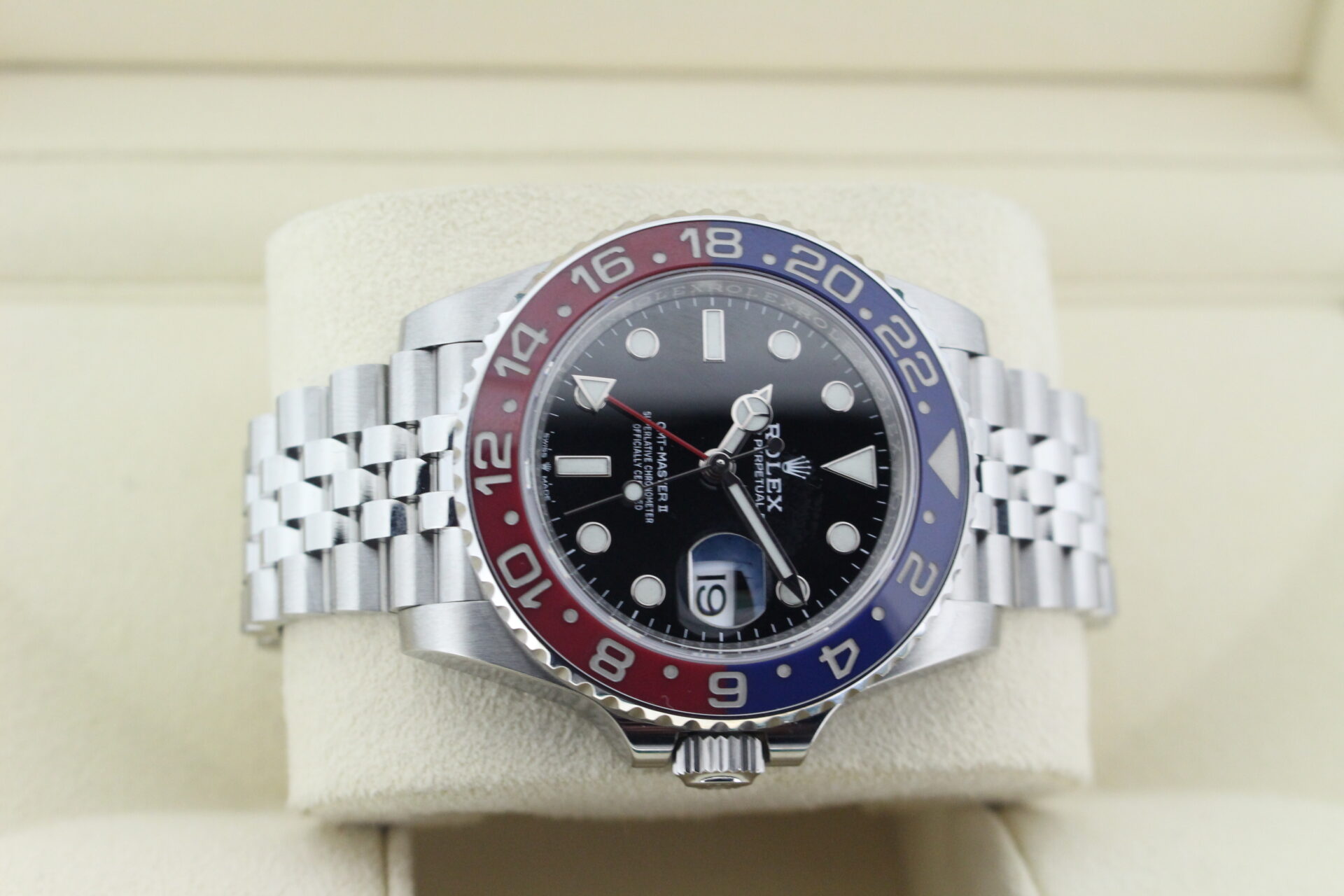 Rolex GMT Master II Pepsi 126710BLNR on it's side