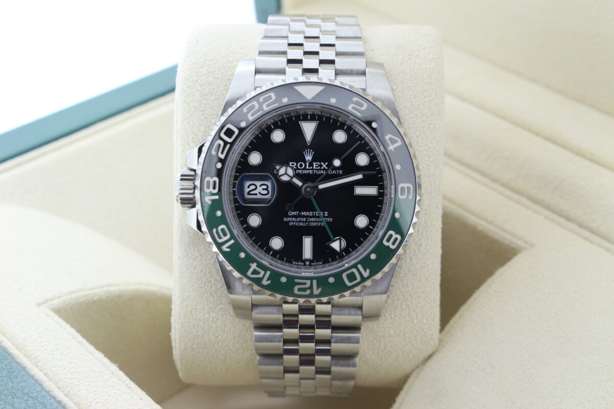 Rolex GMT Master II Sprite 126720VTNR on a jubilee bracelet turned in it's box