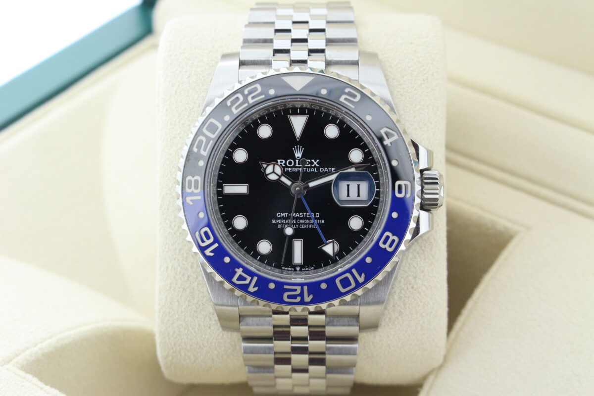 Rolex GMT Master II Batgirl 126710BLNR turned in it's box