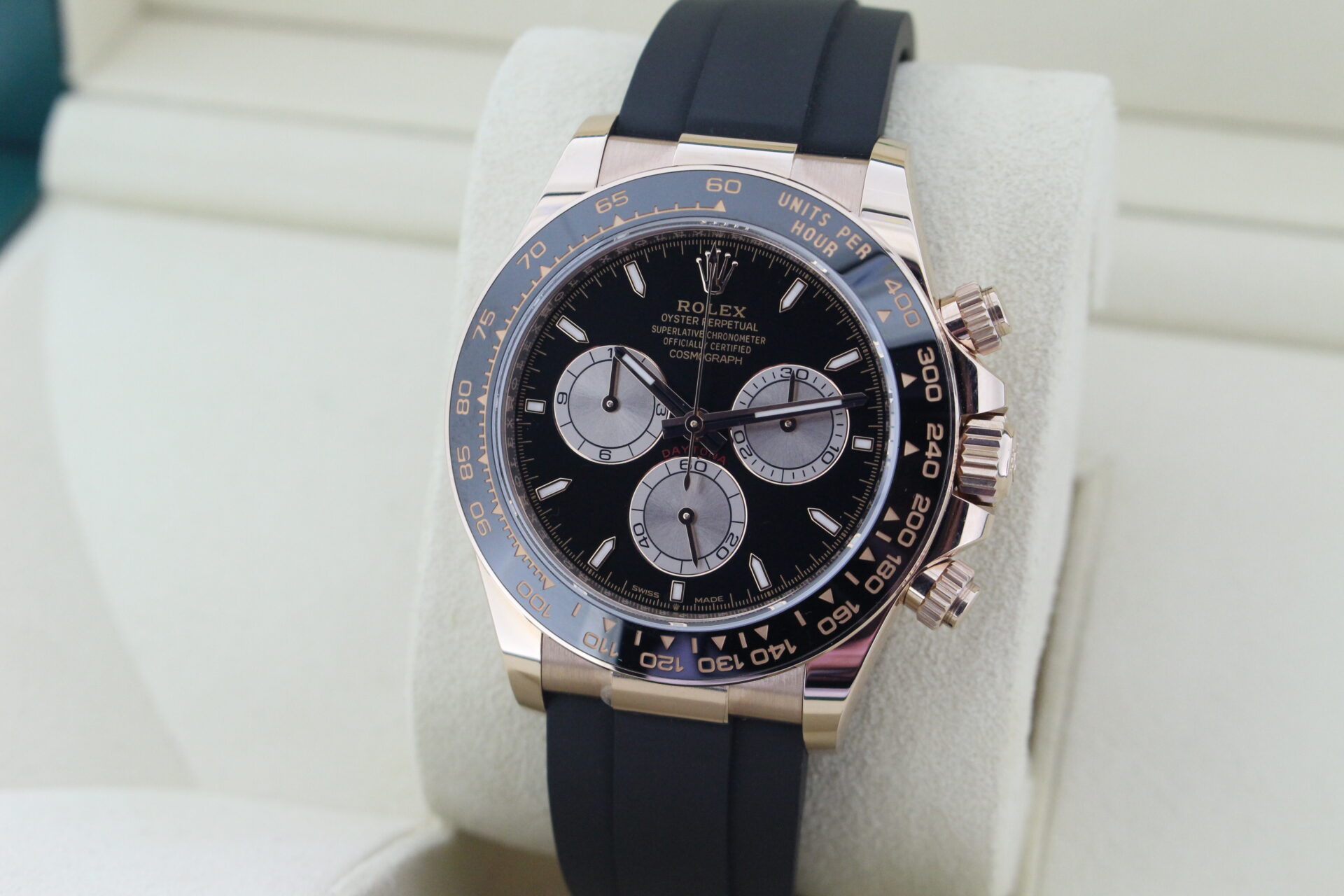 Rolex Daytona Everose Gold 126515LN facing towards the left to show the right angle