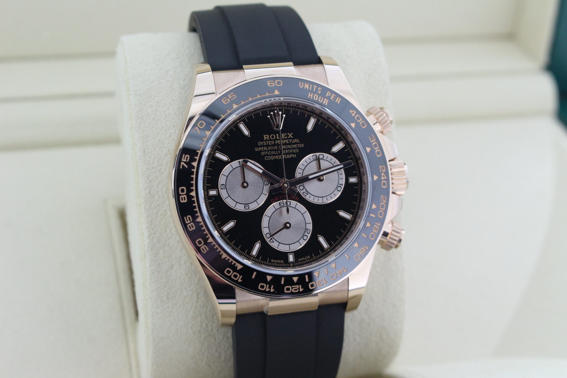 Rolex Daytona Everose Gold 126515LN facing towards the right to show the left angle