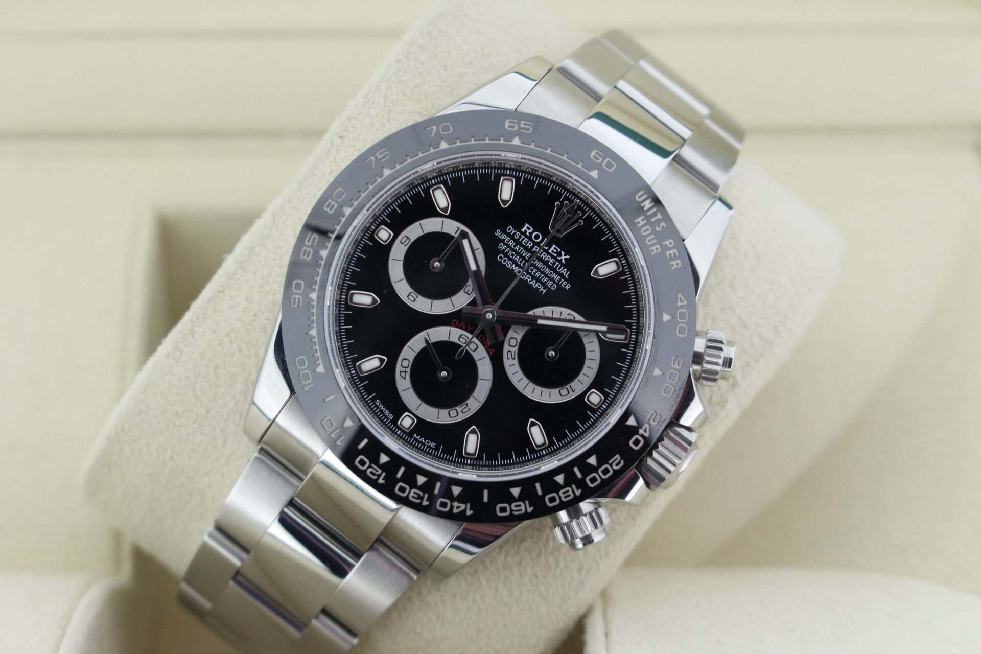 Rolex Daytona 116500LN tilted in it's box