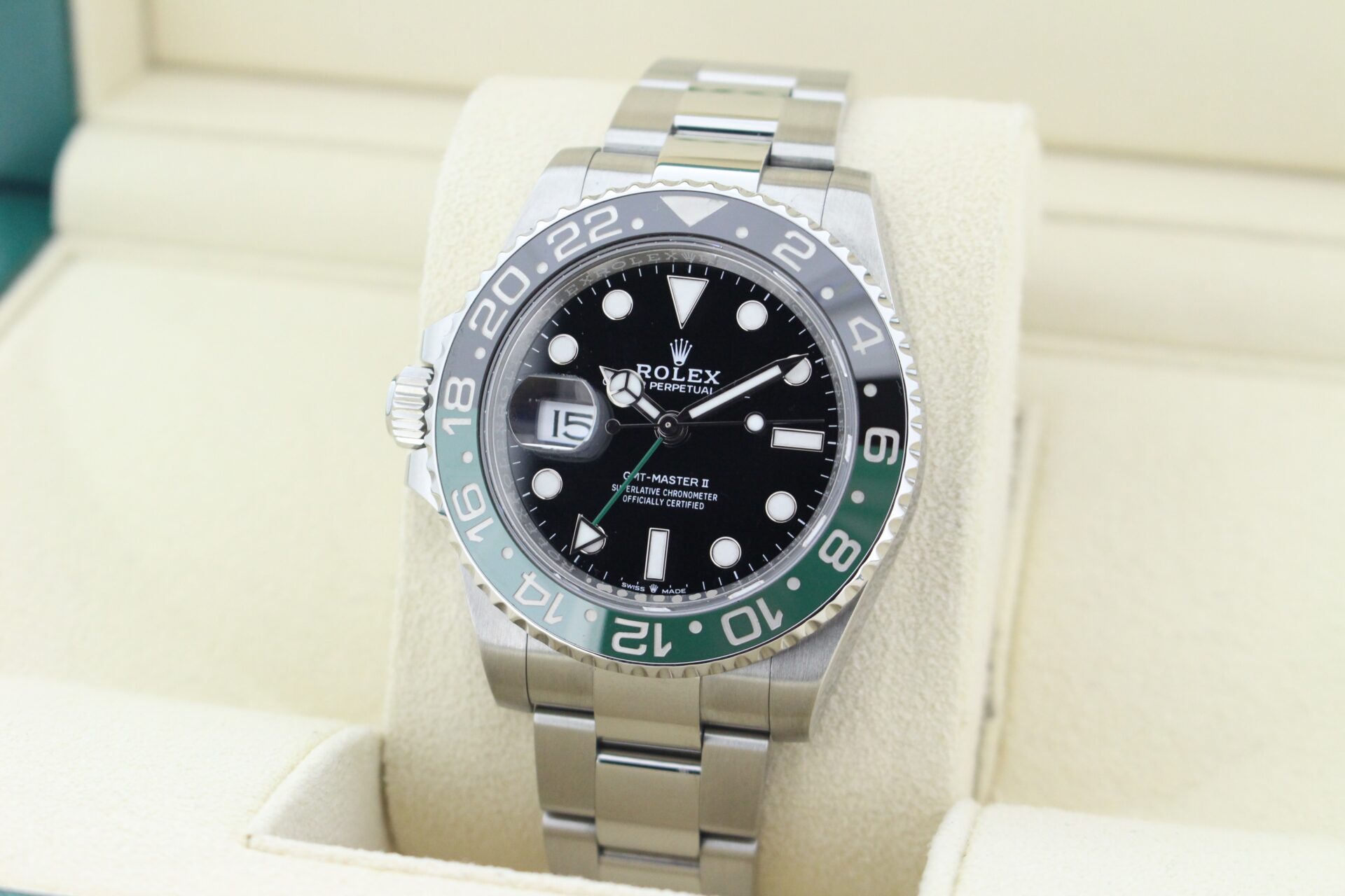 Rolex GMT Master II Sprite 126720GTNR facing towards the left to show the right angle