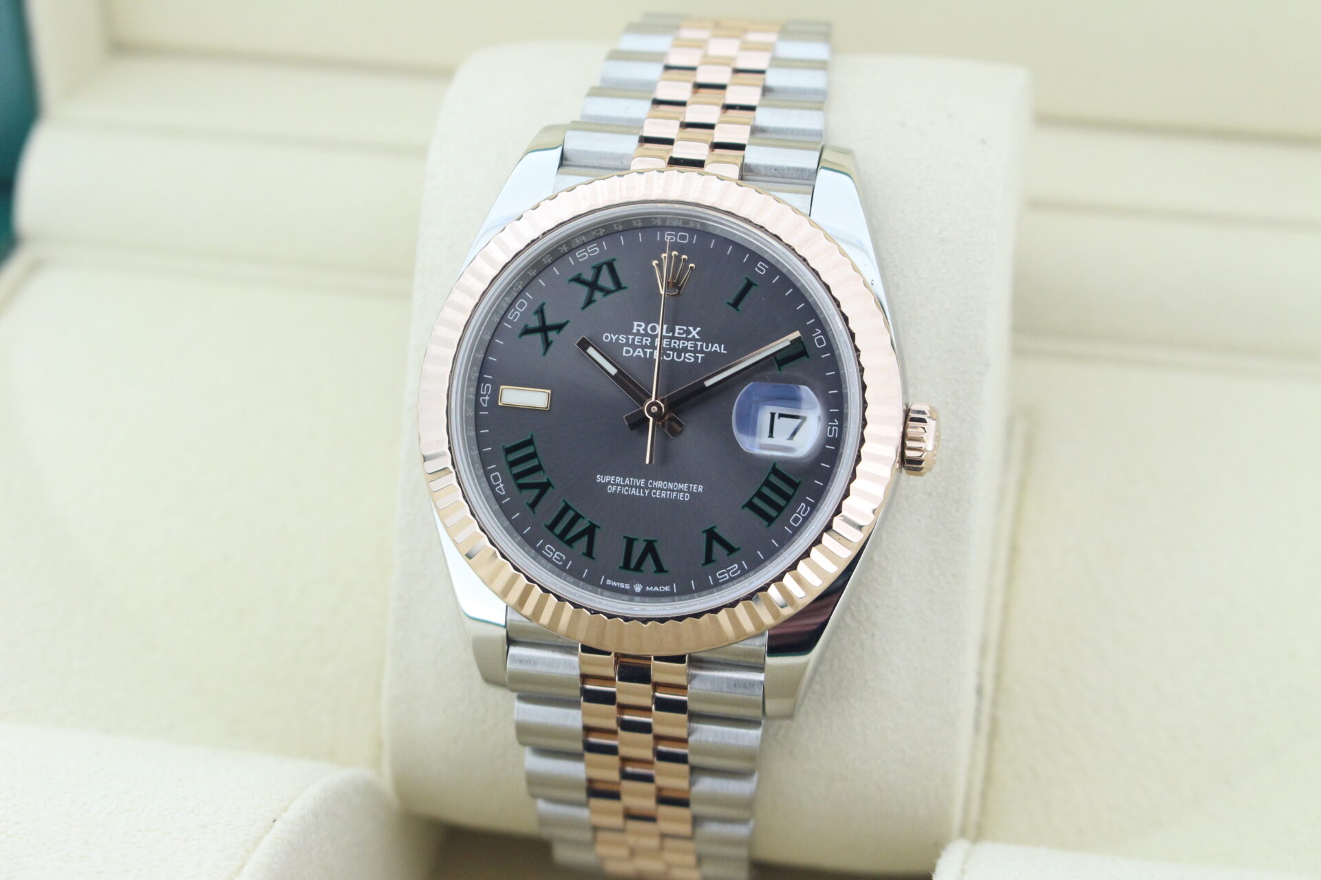 Rolex Datejust Wimbledon Bi-Metal Jubilee 126331 facing towards the left to show the right angle