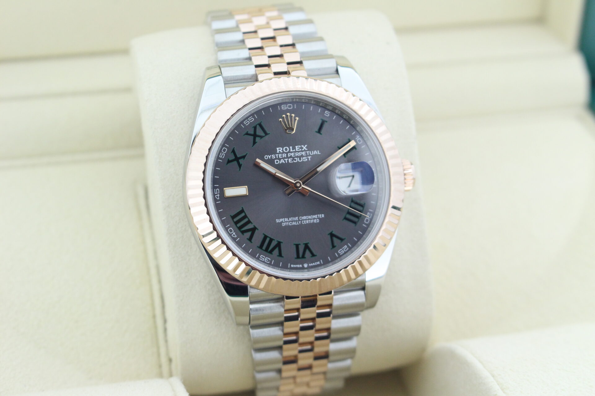 Rolex Datejust Wimbledon Bi-Metal Jubilee 126331 facing towards the right to show the left angle