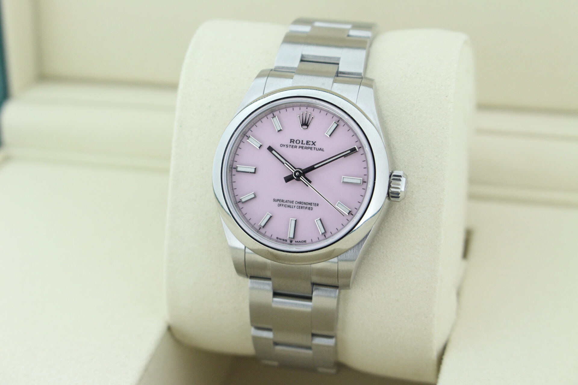 Rolex Oyster Perpetual Candy Pink Dial 277200 facing towards the left to show the right angle
