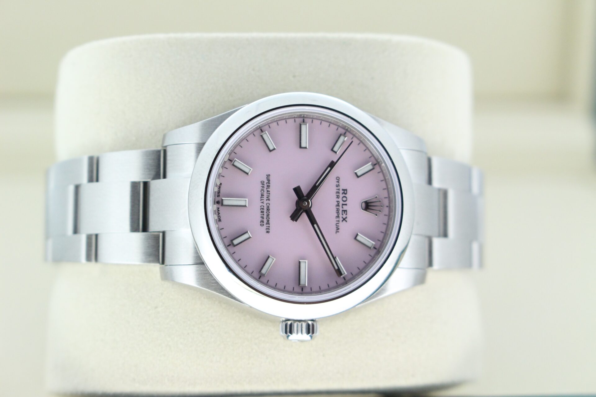 Rolex Oyster Perpetual Candy Pink Dial 277200 on it's side