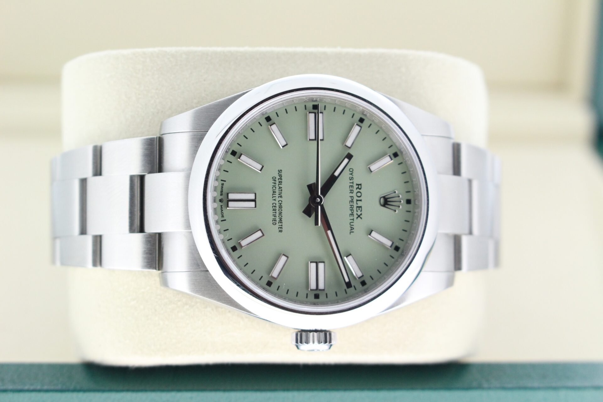 Green Pistachio Dial on a Oyster perpetual rotated sidewards