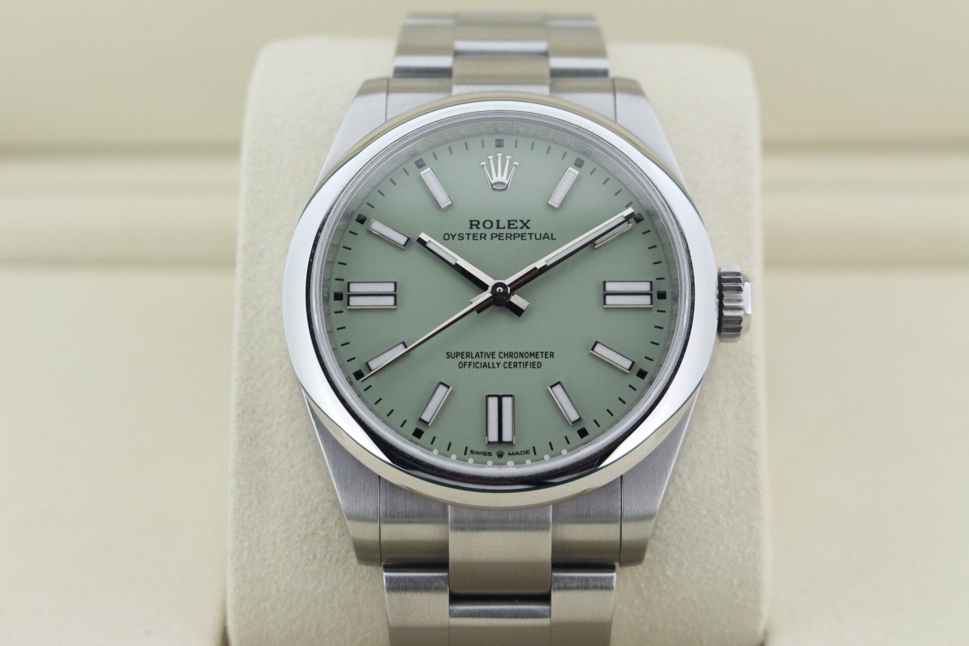 Close up of the Pistachio dial on a Oyster Perpetual