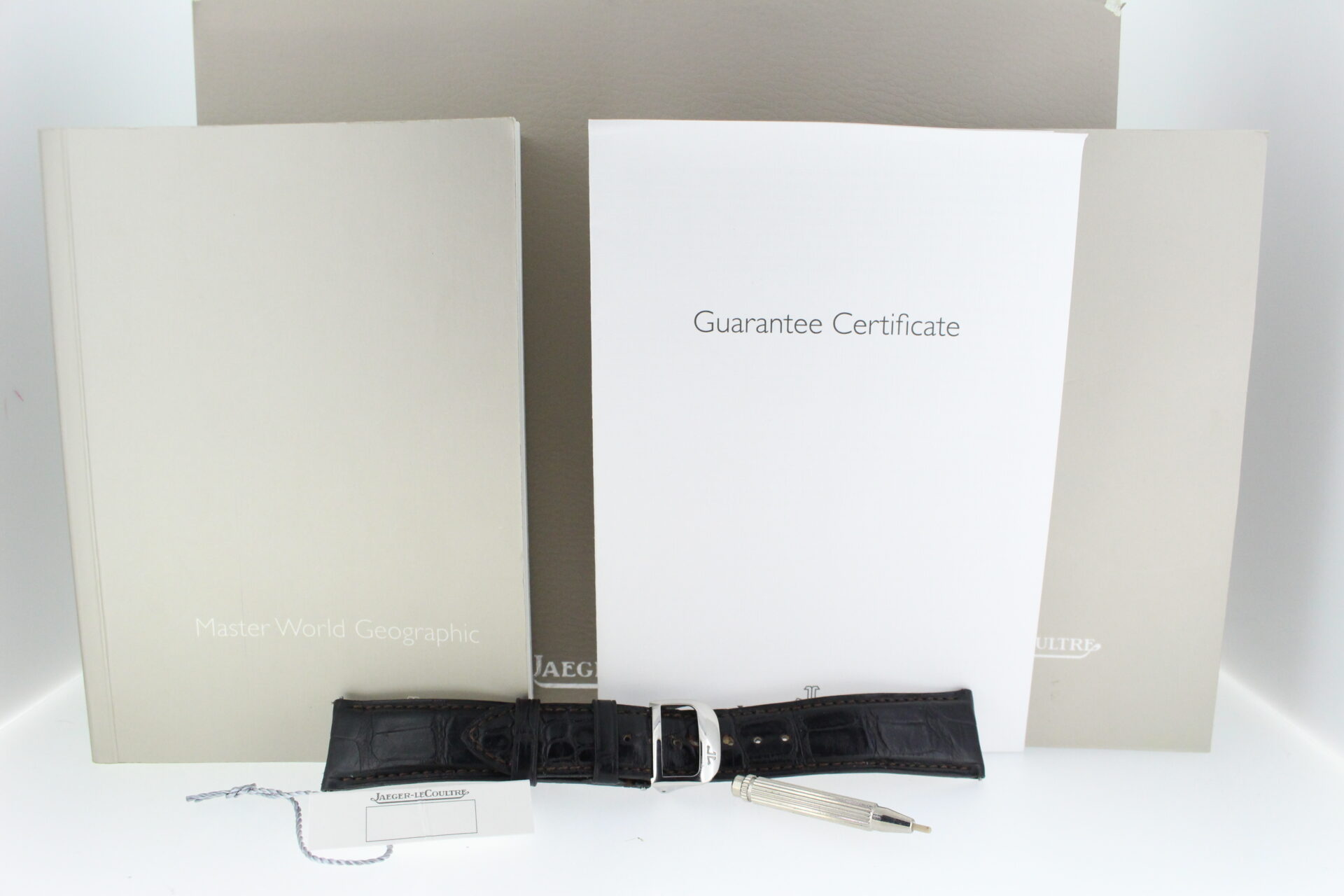 Jaeger-LeCoultre Master Geographic World Timer box, additional strap, date pusher, swing tag and booklets