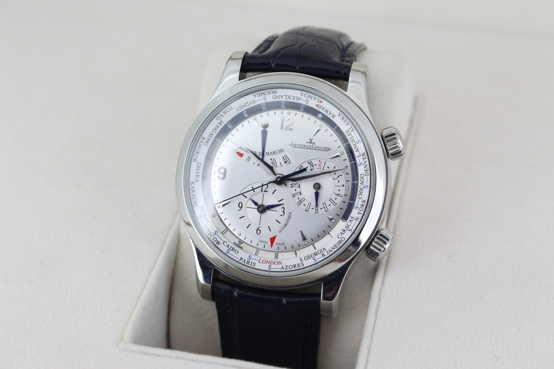 Jaeger-LeCoultre Master Geographic World Timer facing towards the left to show the right angle