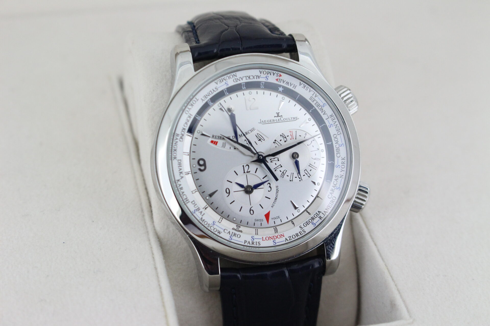 Jaeger-LeCoultre Master Geographic World Timer facing towards the right to show the left angle