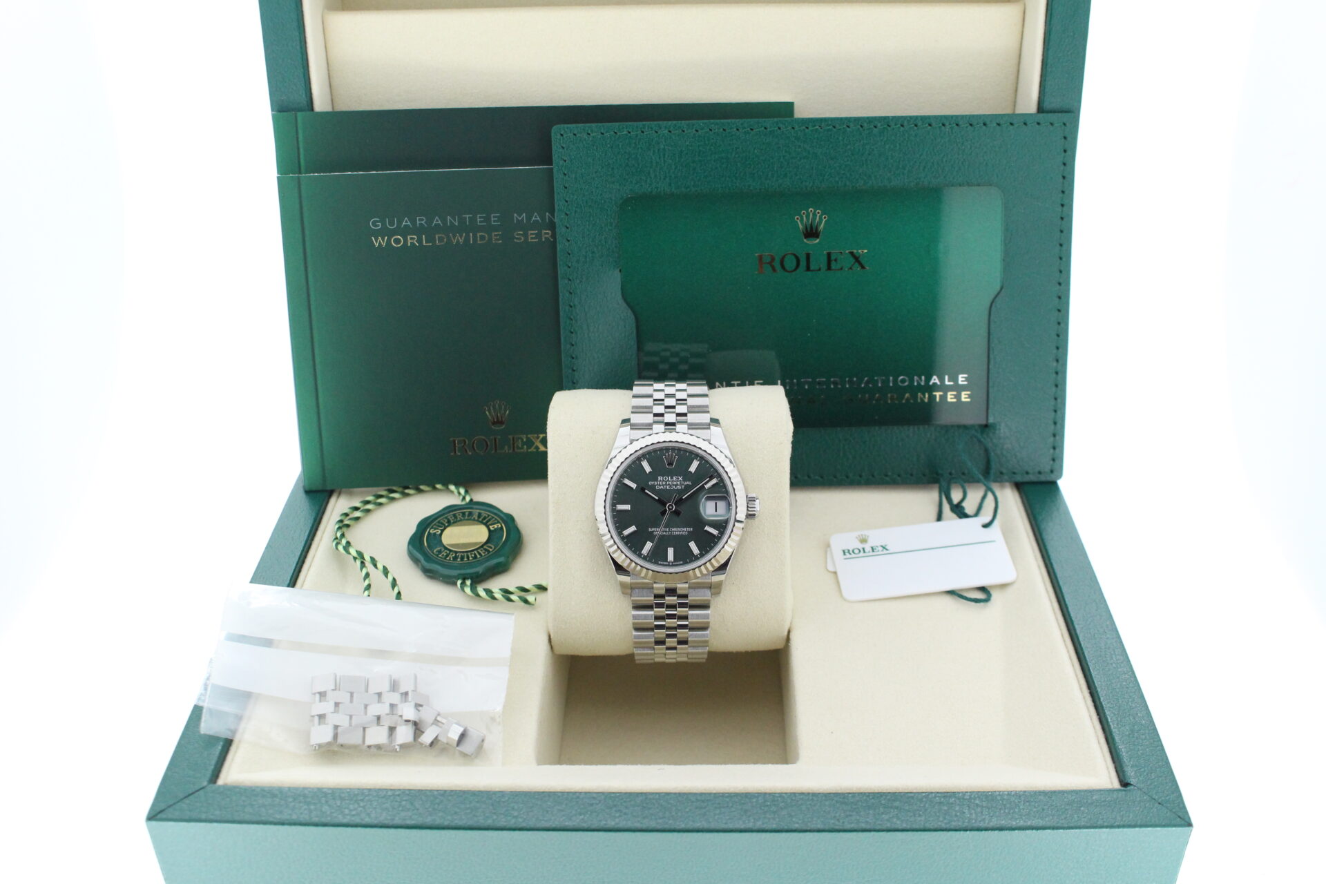 Rolex Datejust 31mm mint green jubilee in its box with all original accessories making a full set