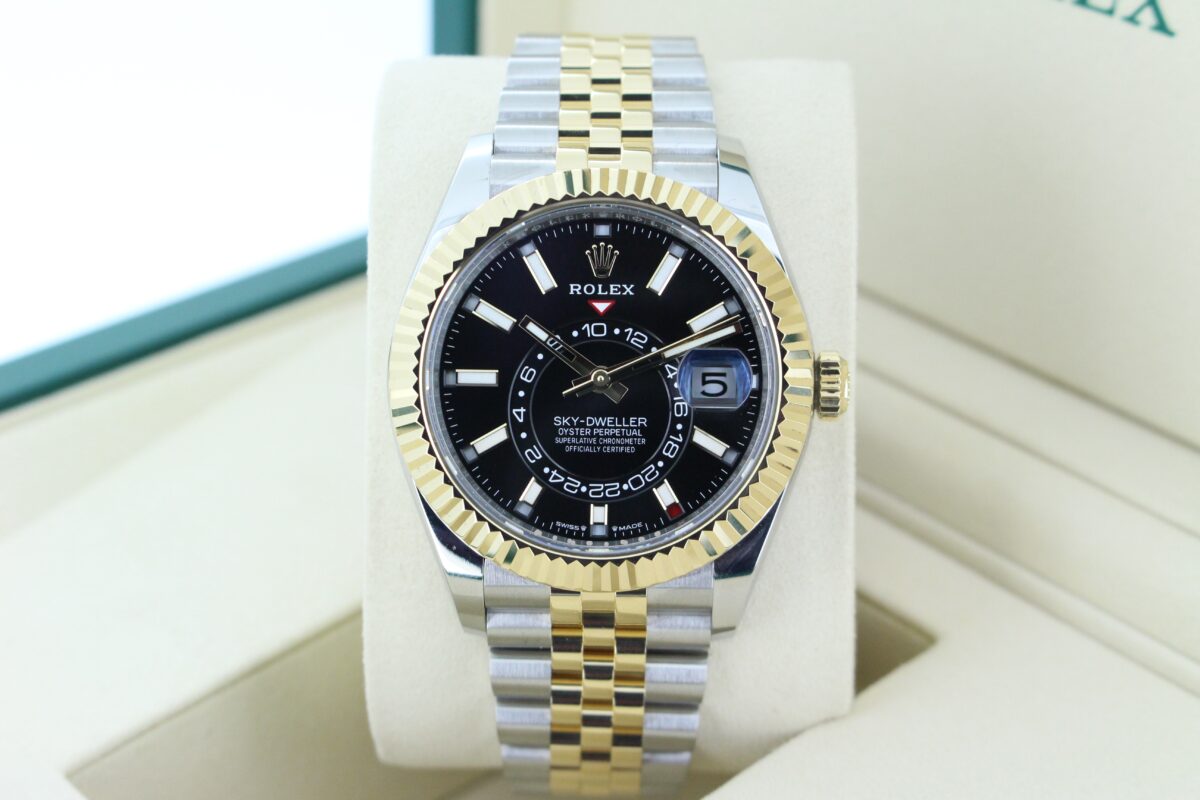 Rolex Sky-Dweller Bi-metal Black Dial 336933 turned in it's box