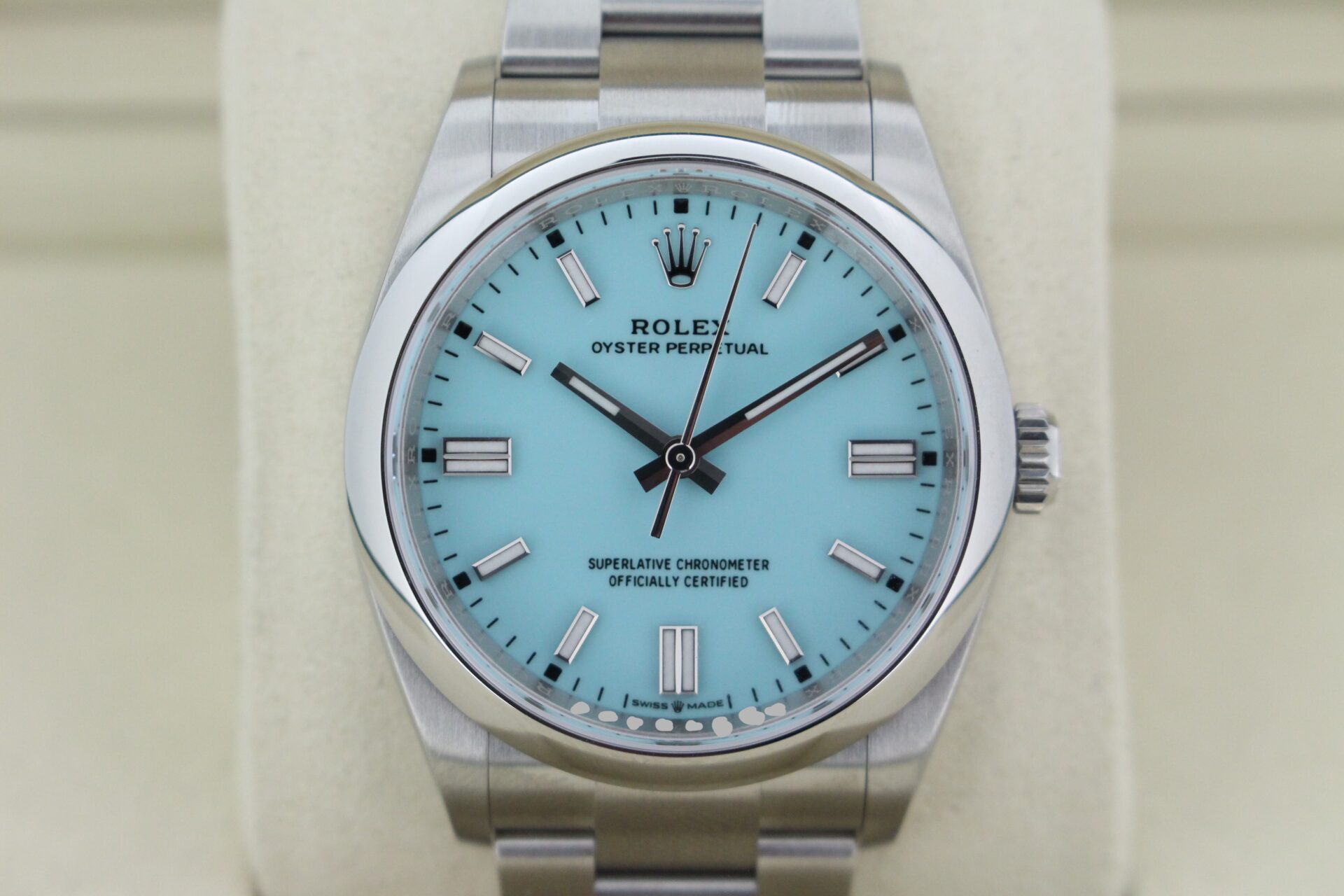 Close up of Rolex Oyster Perpetual 36 Tiffany 126000 watch face