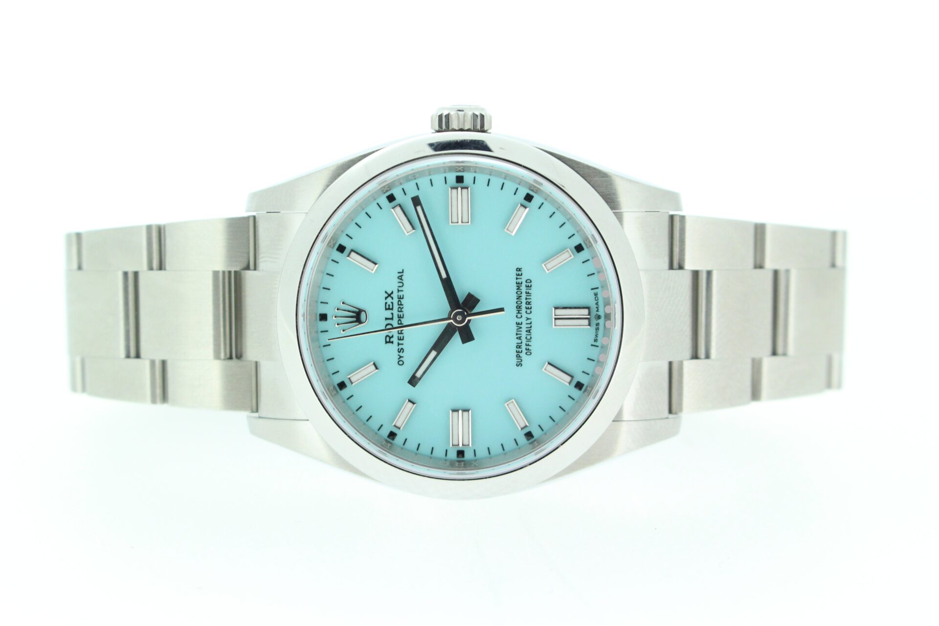 Rolex Oyster Perpetual 36 Tiffany 126000 on a white background