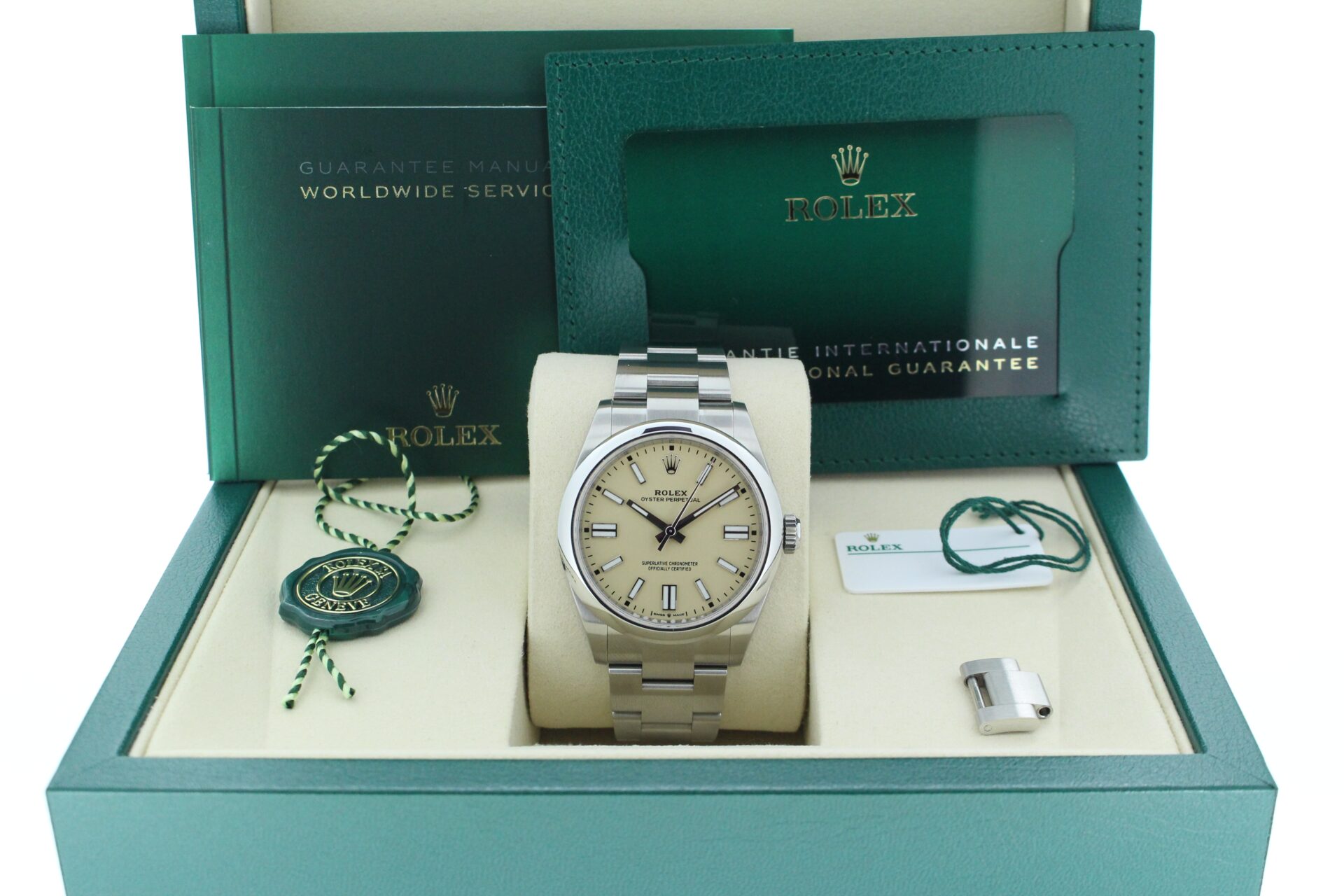 Rolex Oyster Perpetual 41mm Beige 134300 in it's box with both swing tags, booklets and warranty card