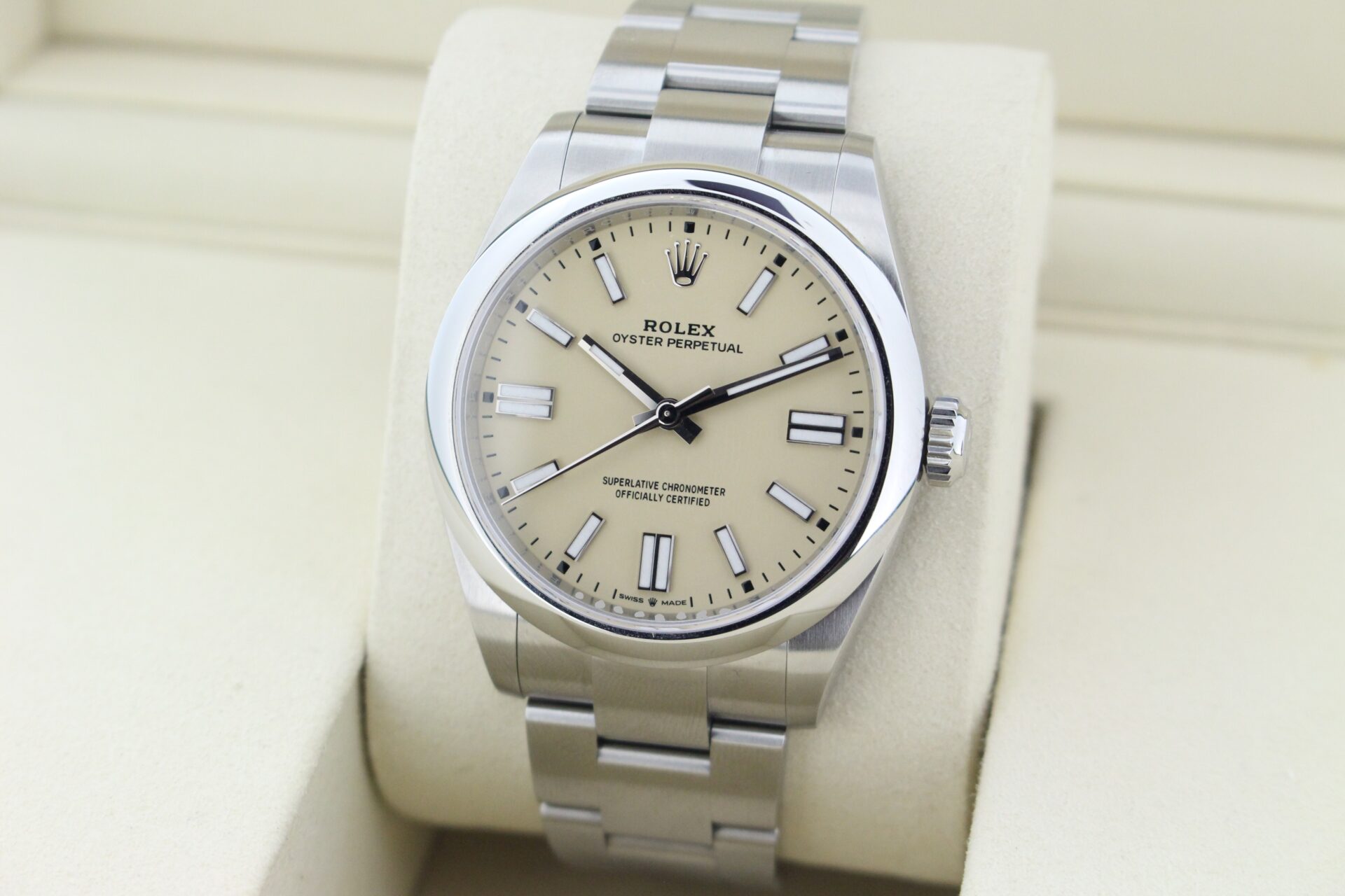 Rolex Oyster Perpetual 41mm Beige 134300 facing towards the left to show the right angle