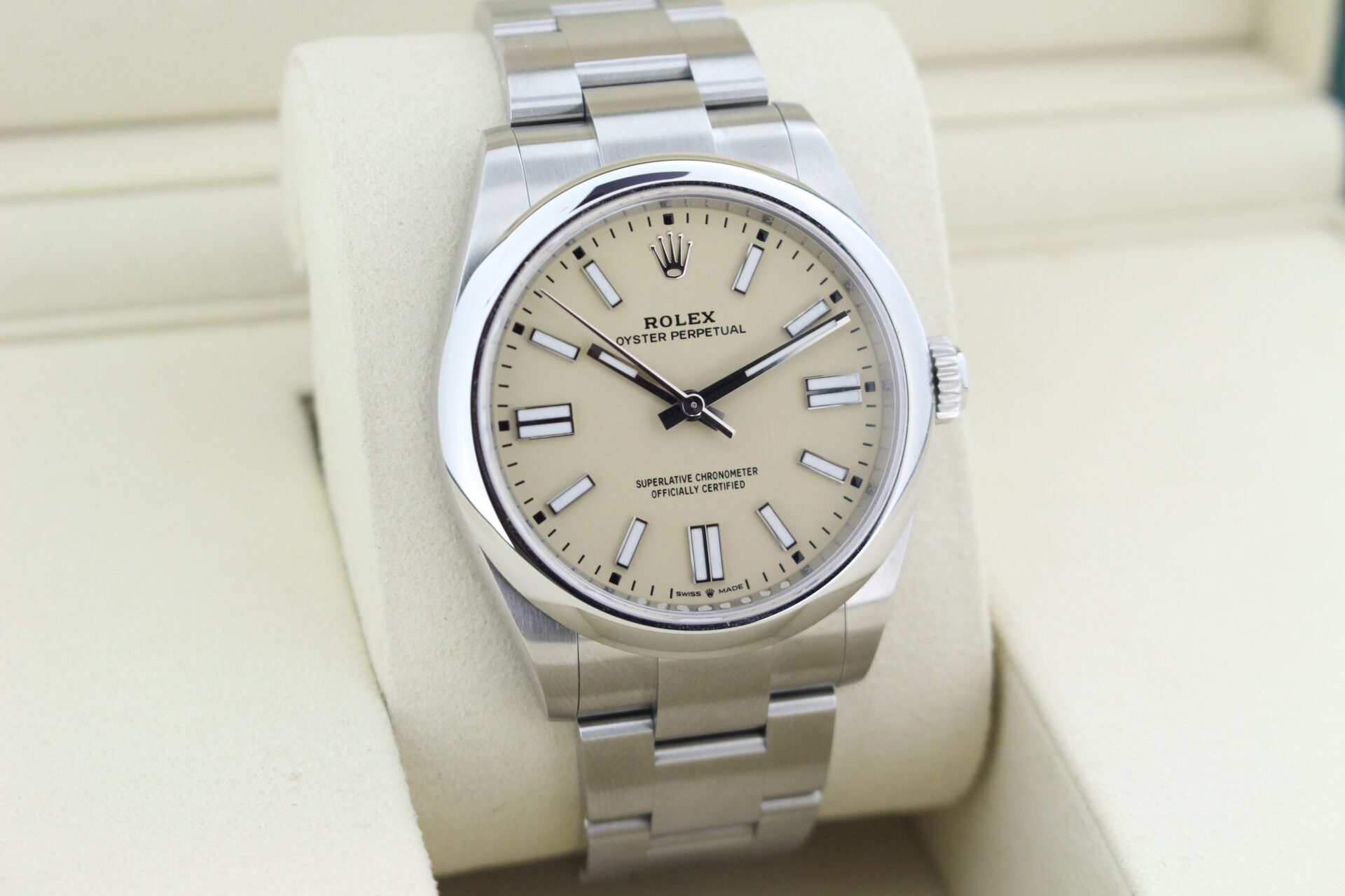 Rolex Oyster Perpetual 41mm Beige 134300 facing towards the right to show the left angle