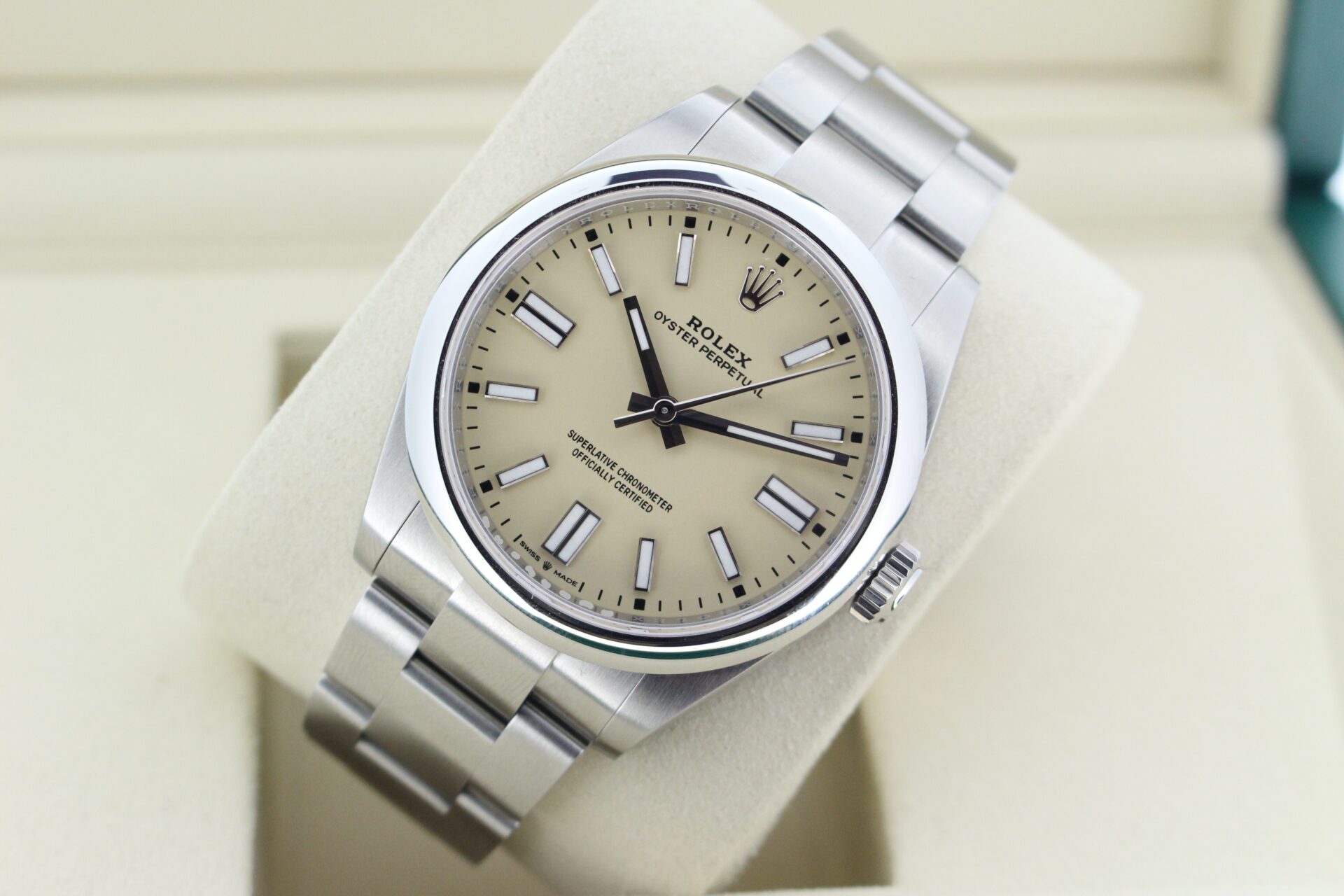 Rolex Oyster Perpetual 41mm Beige 134300 tilted in it's box