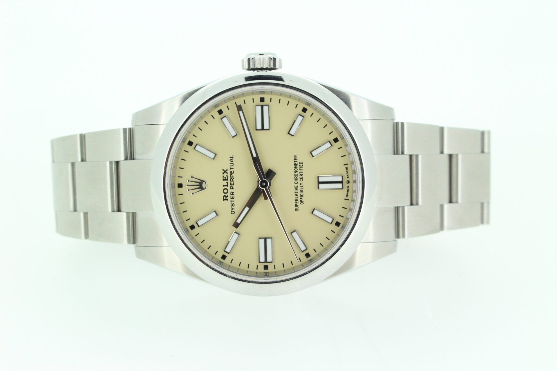 Rolex Oyster Perpetual 41mm Beige 134300 on a white background