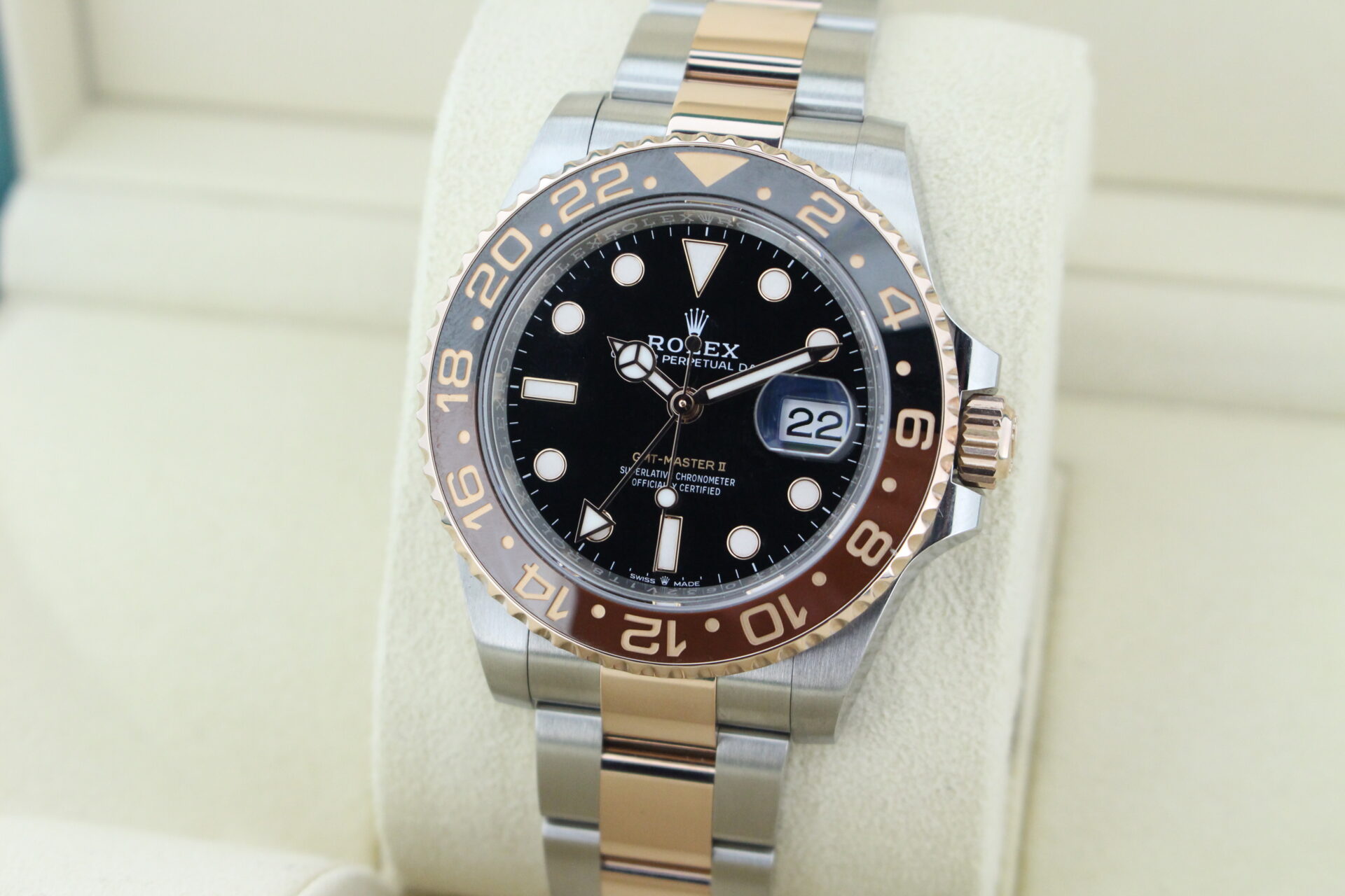 Rolex GMT Master II Rootbeer 126711CHNR facing towards the left to show the right angle
