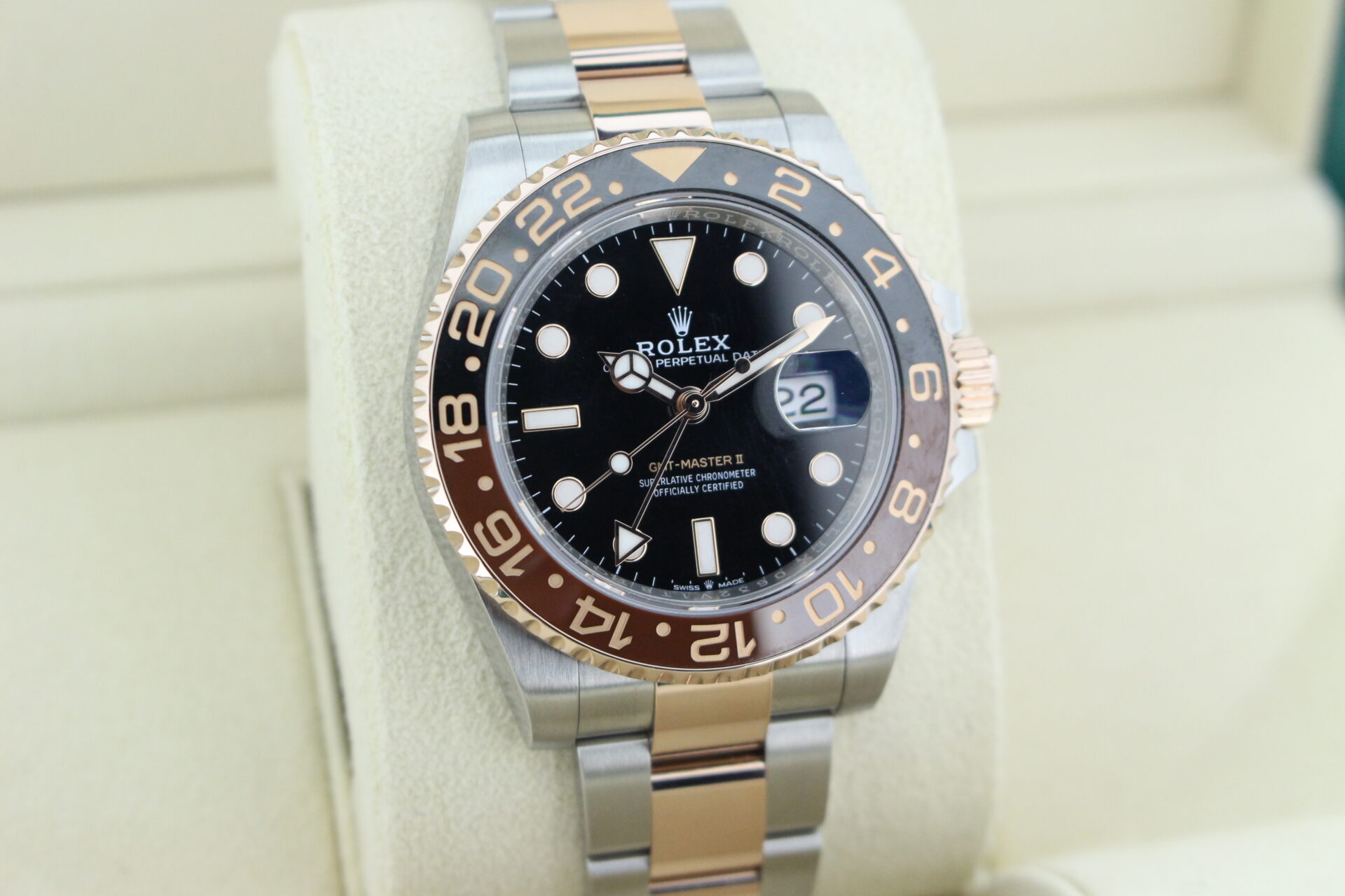Rolex GMT Master II Rootbeer 126711CHNR facing towards the right to show the left angle
