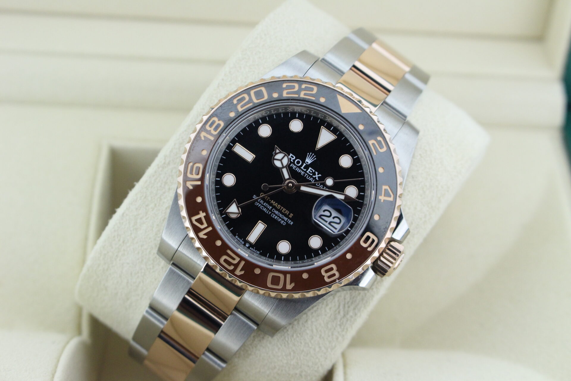 Rolex GMT Master II Rootbeer 126711CHNR tilted in it's box