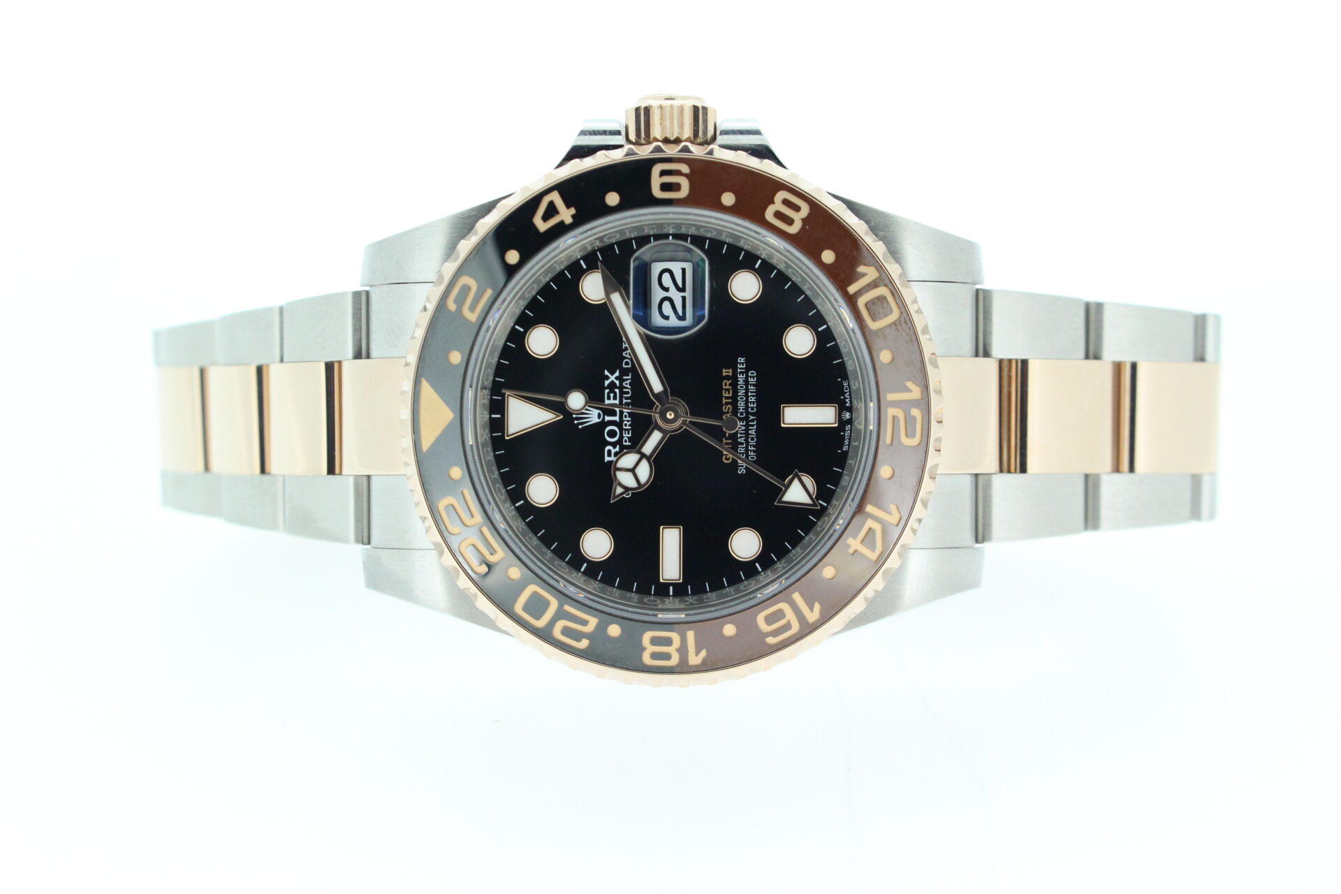 Rolex GMT Master II Rootbeer 126711CHNR on a white background