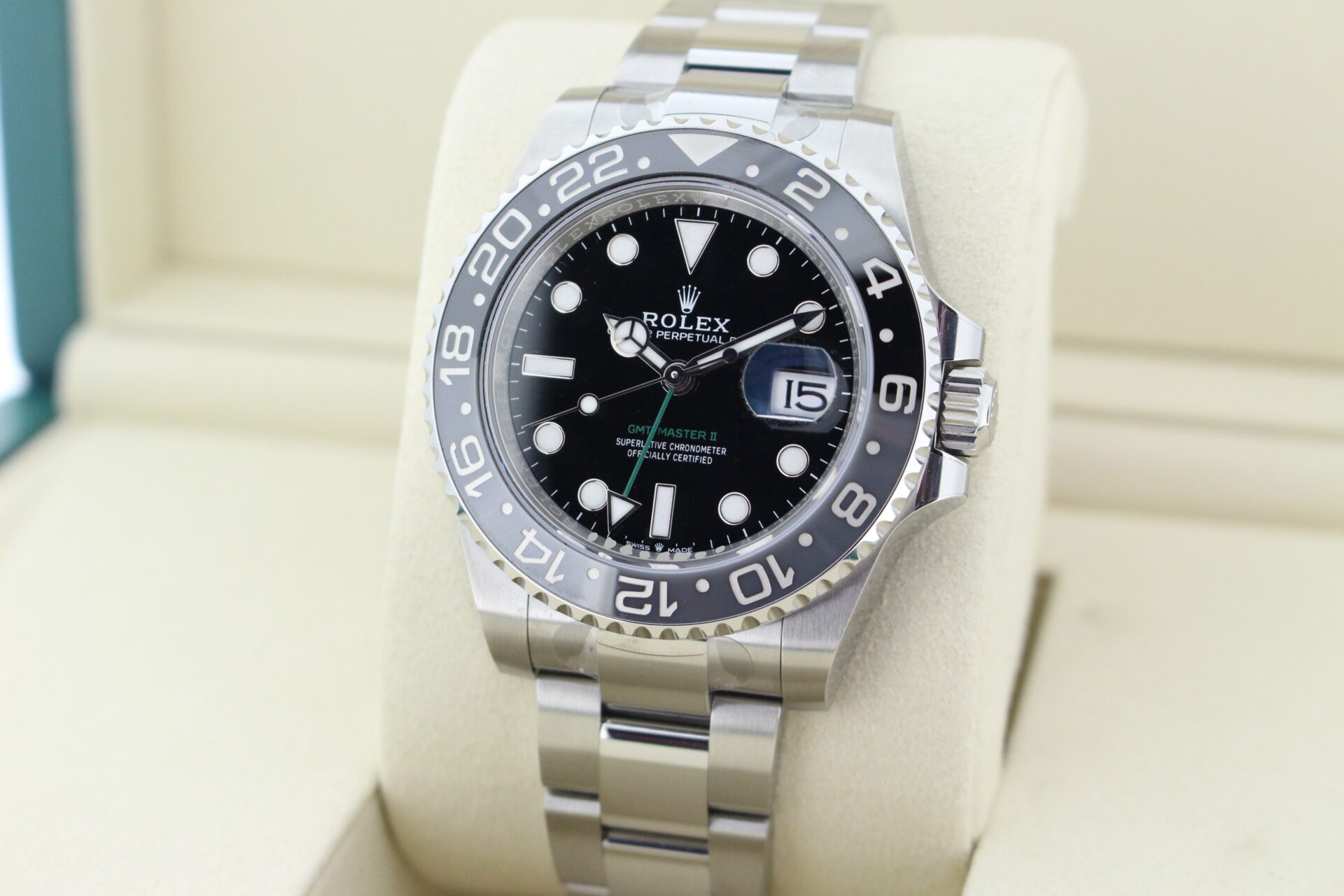 Rolex GMT Master II Bruce Wayne 126710GRNR facing towards the left to show the right angle
