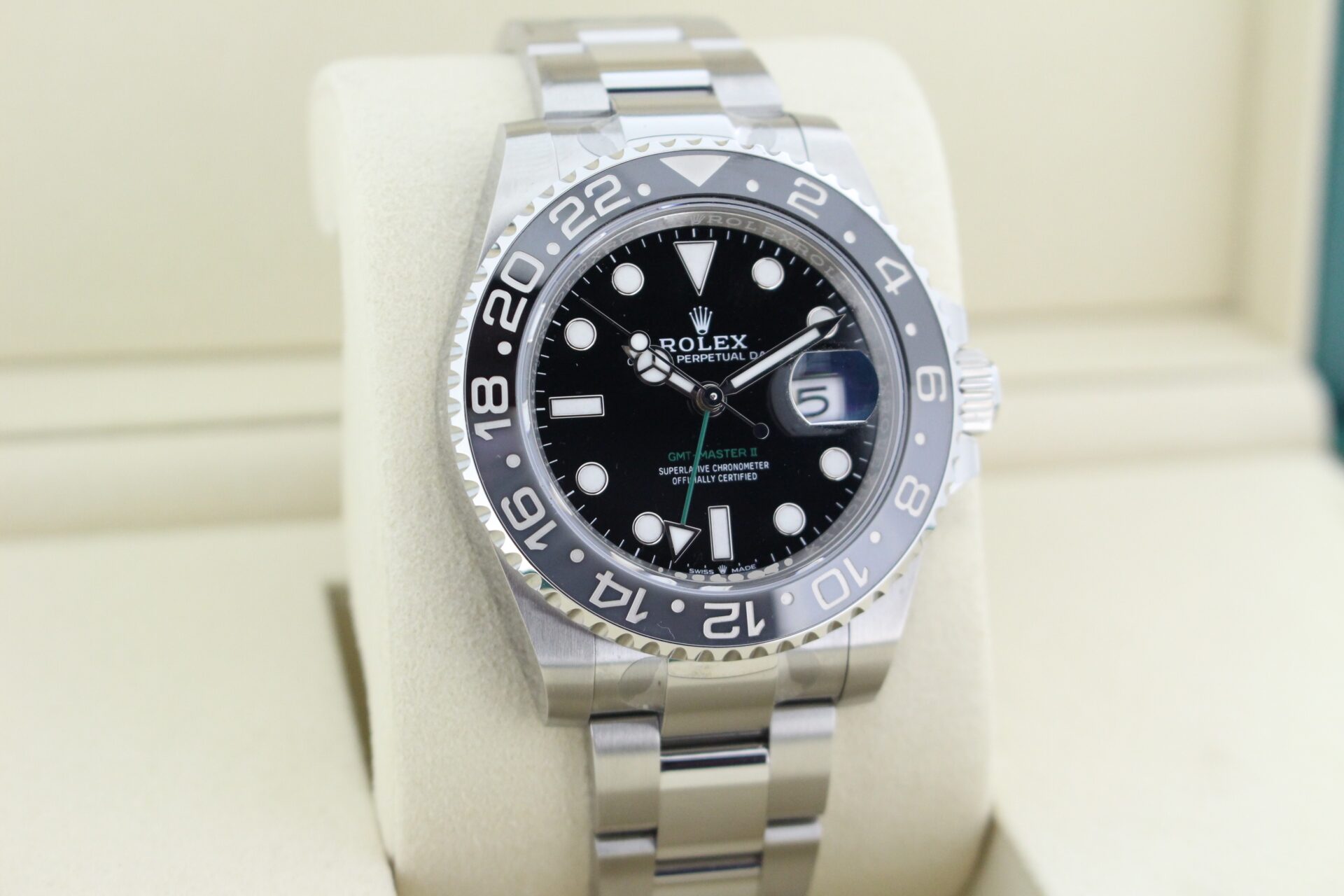 Rolex GMT Master II Bruce Wayne 126710GRNR facing towards the right to show the left angle