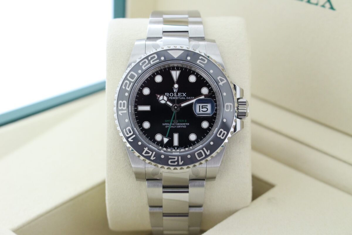 Rolex GMT Master II Bruce Wayne 126710GRNR turned in it's box